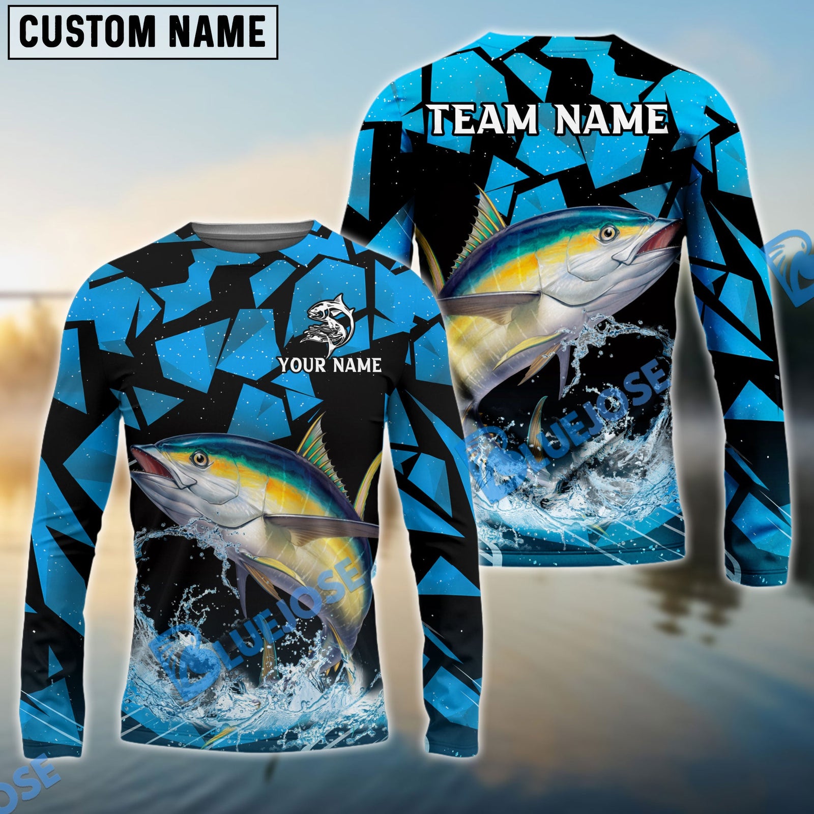 Bluejose Tuna Fishing Geometric Camouflage Splash Art Custom Name & Team Name 3D Shirts