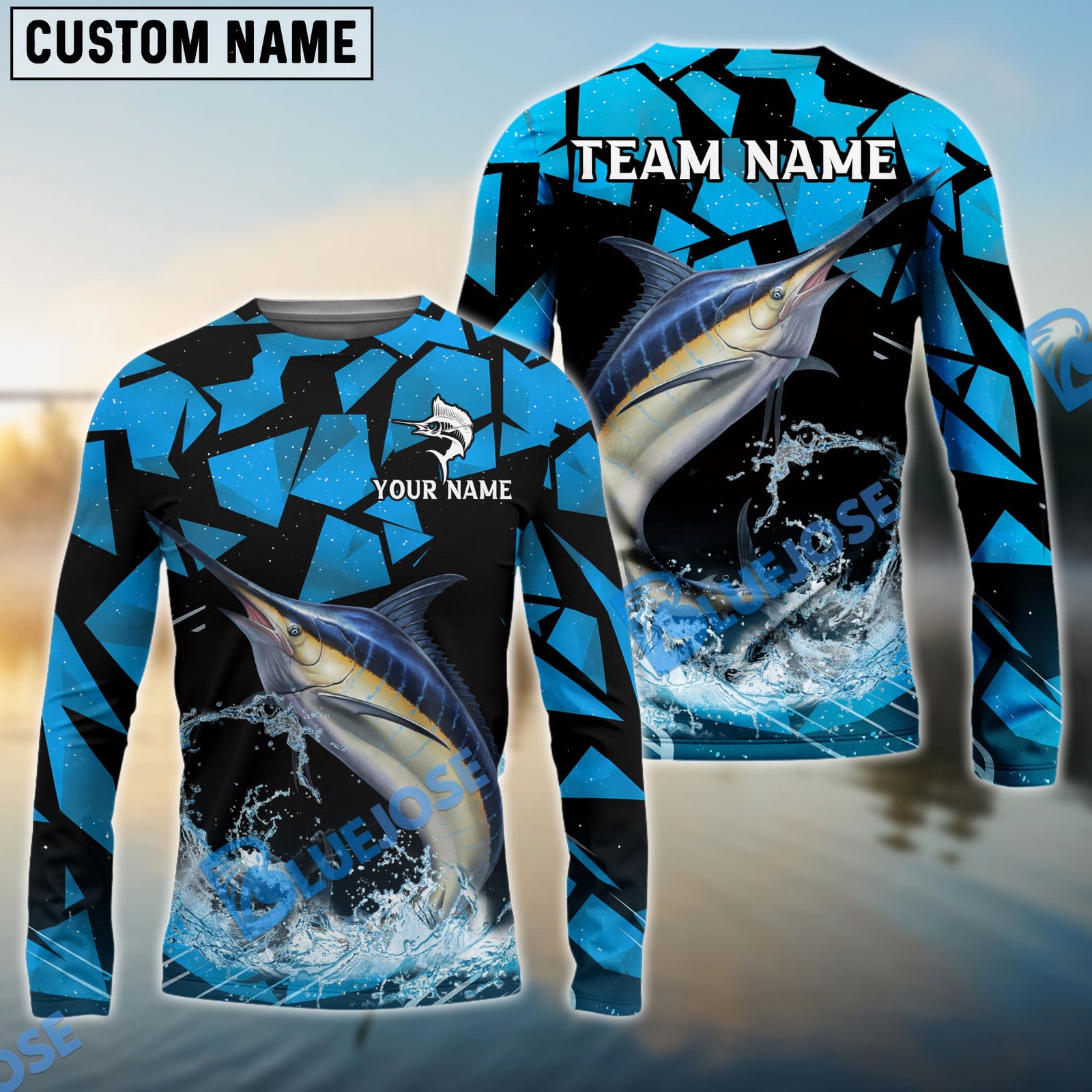 Bluejose Marlin Fishing Geometric Camouflage Splash Art Custom Name & Team Name 3D Shirts