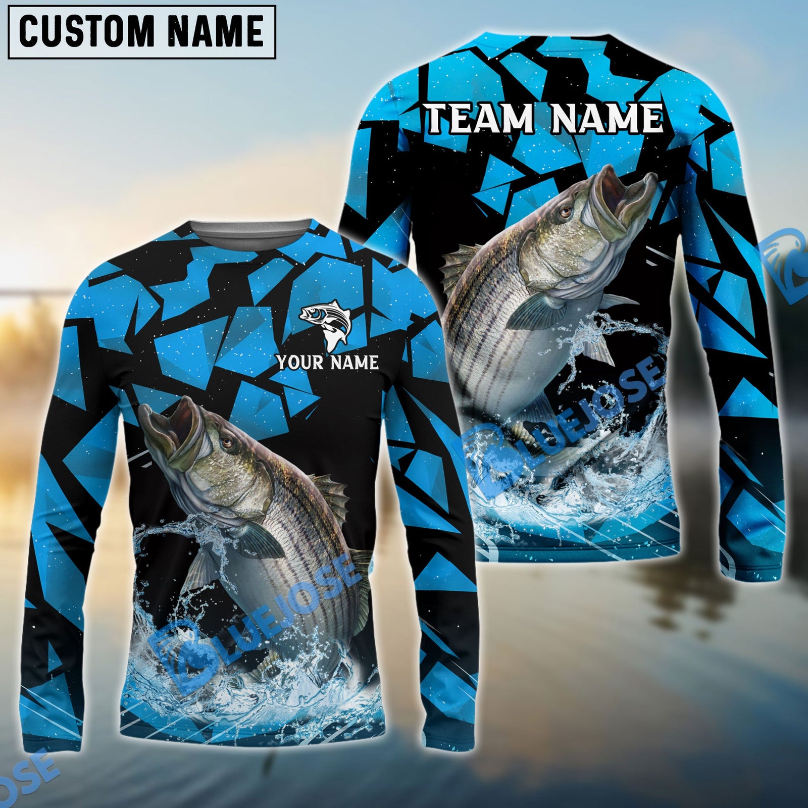 Bluejose Striped Bass Fishing Geometric Camouflage Splash Art Custom Name & Team Name 3D Shirts