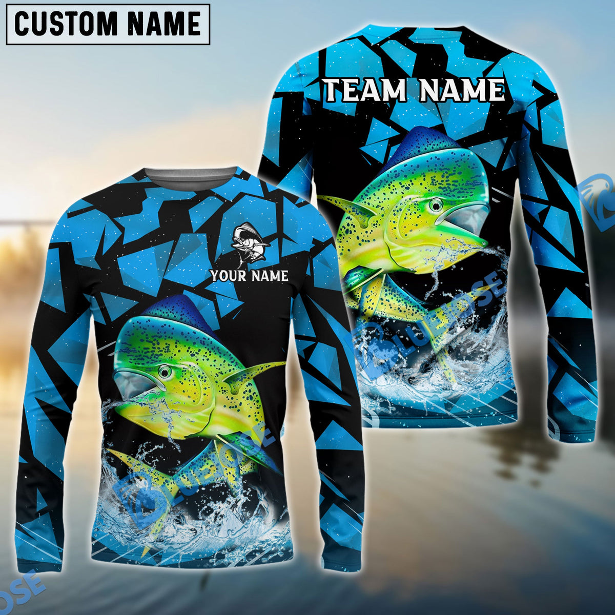 Bluejose Mahi-Mahi Fishing Geometric Camouflage Splash Art Custom Name &amp; Team Name 3D Shirts