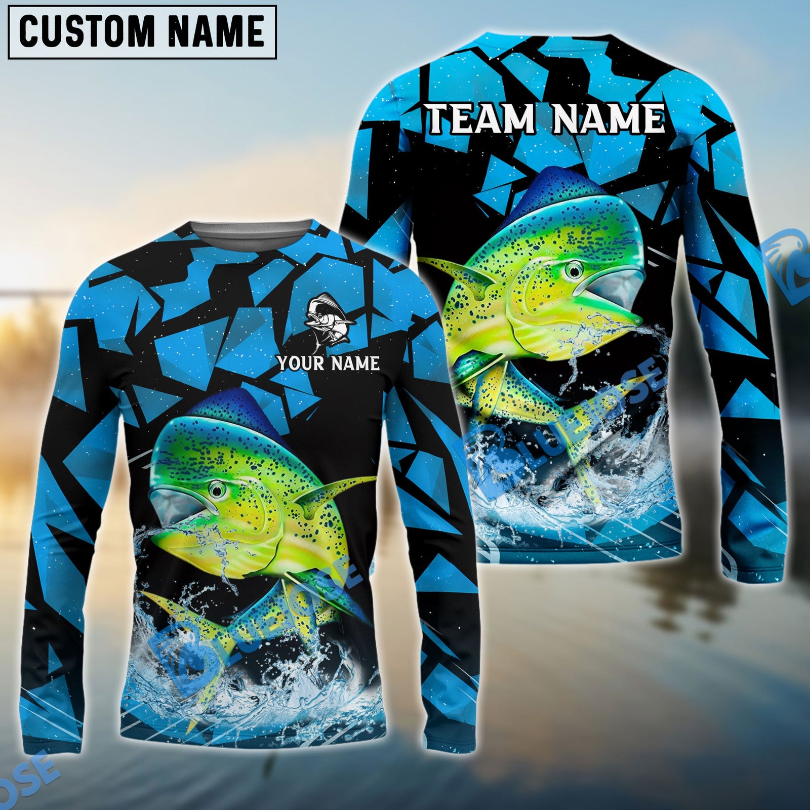 Bluejose Mahi-Mahi Fishing Geometric Camouflage Splash Art Custom Name & Team Name 3D Shirts