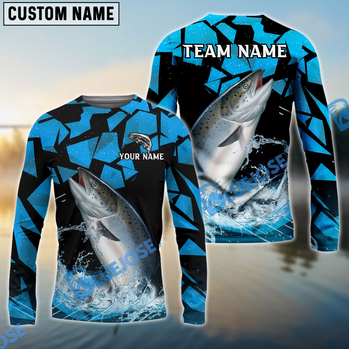 Bluejose Salmon Fishing Geometric Camouflage Splash Art Custom Name &amp; Team Name 3D Shirts