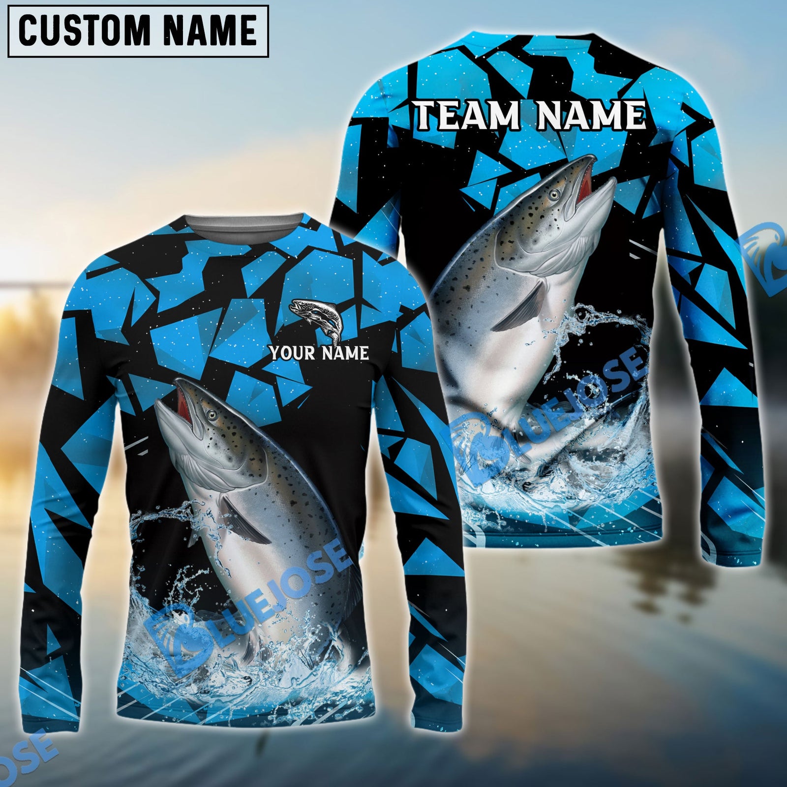 Bluejose Salmon Fishing Geometric Camouflage Splash Art Custom Name & Team Name 3D Shirts