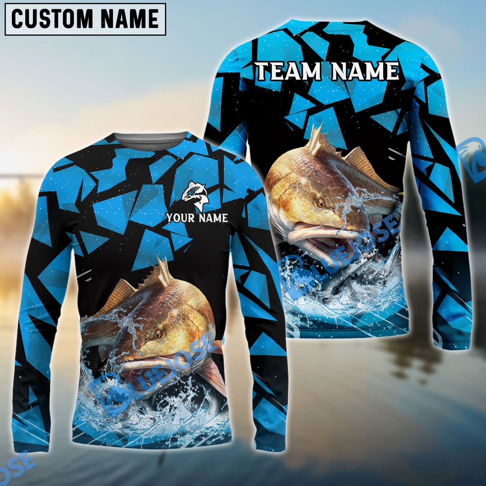 Bluejose Redfish Fishing Geometric Camouflage Splash Art Custom Name & Team Name 3D Shirts