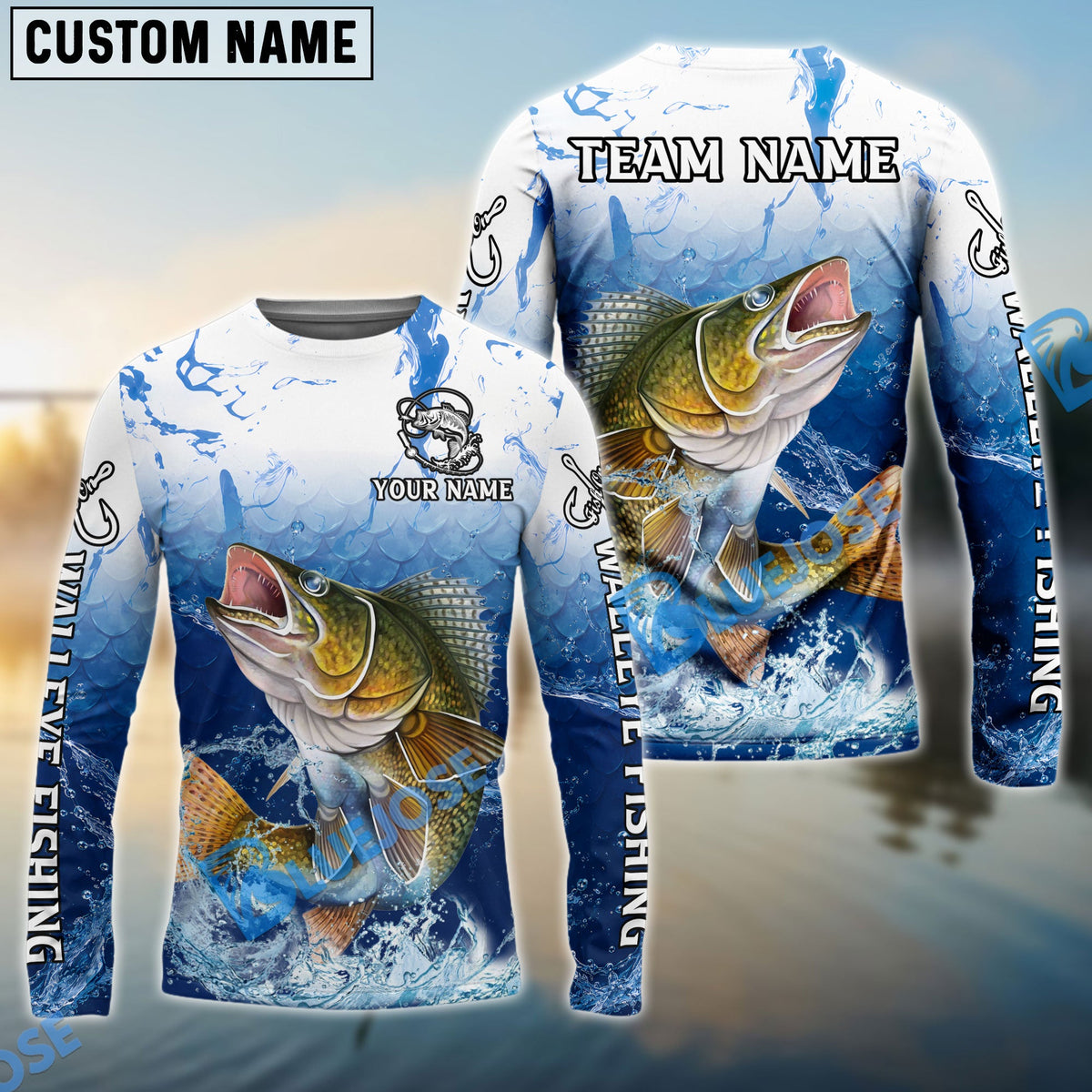 Bluejose Walleye Fishing Ocean Scale Gradient Splash Design Custom Name &amp; Team Name 3D Shirts