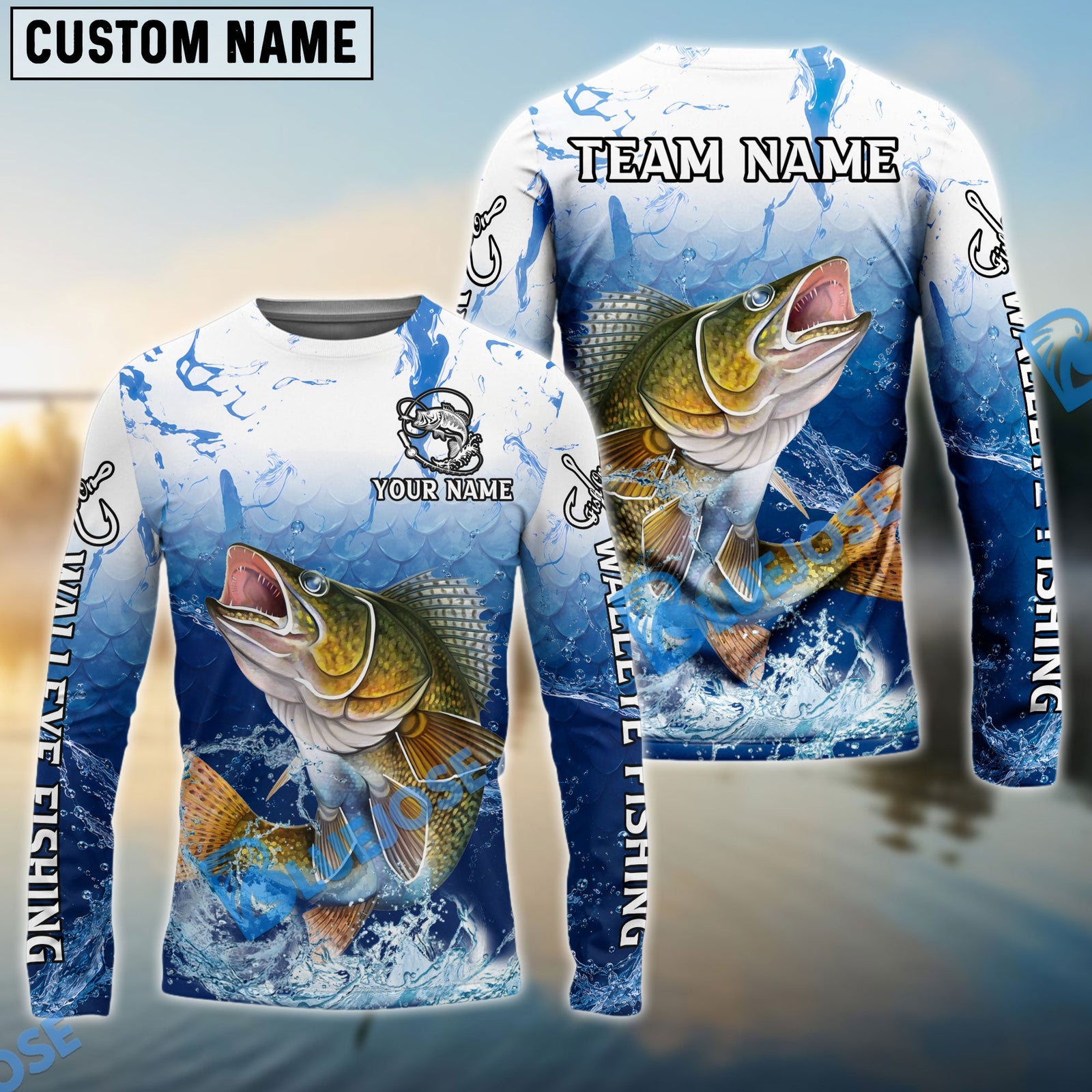 Bluejose Walleye Fishing Ocean Scale Gradient Splash Design Custom Name & Team Name 3D Shirts