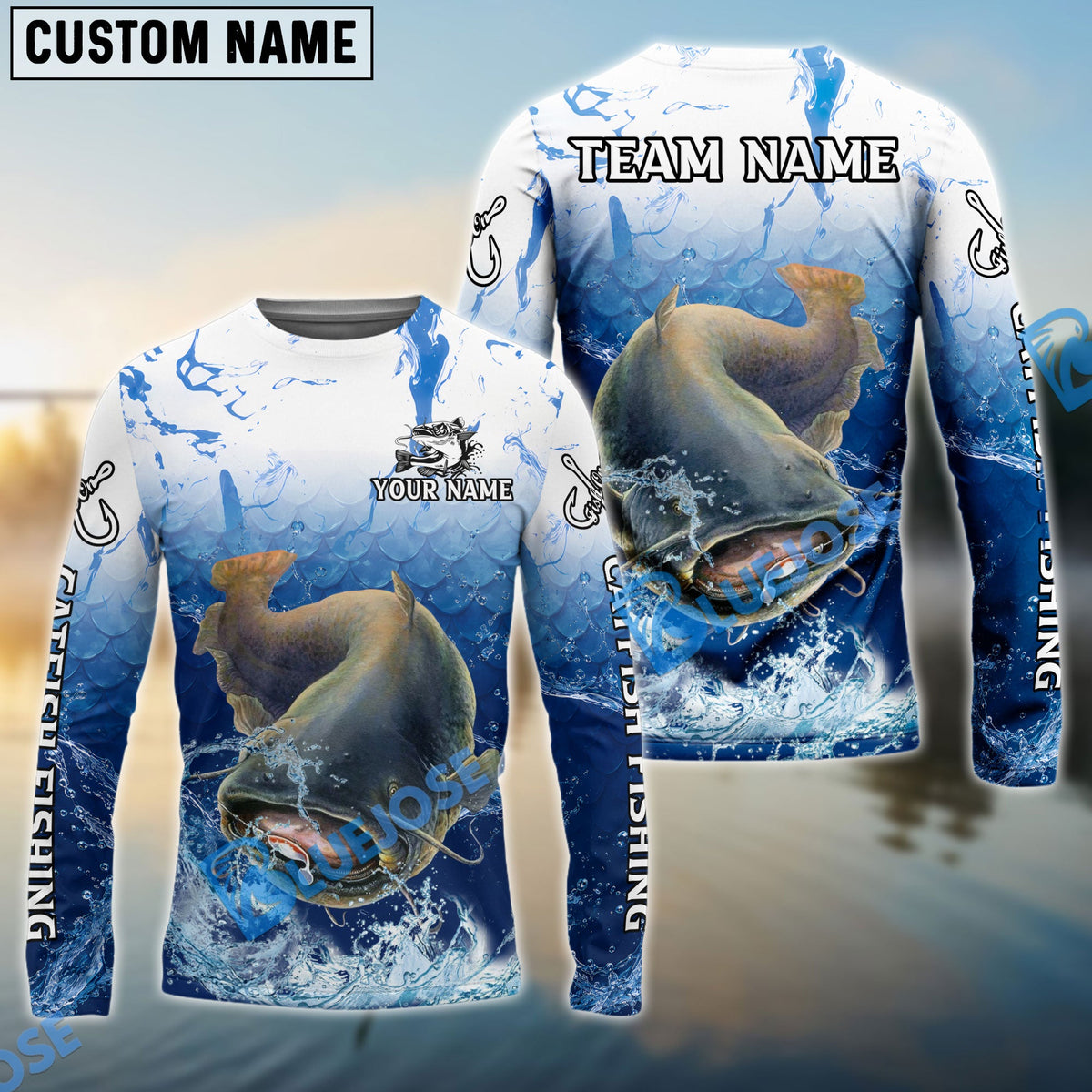Bluejose Catfish Fishing Ocean Scale Gradient Splash Design Custom Name &amp; Team Name 3D Shirts