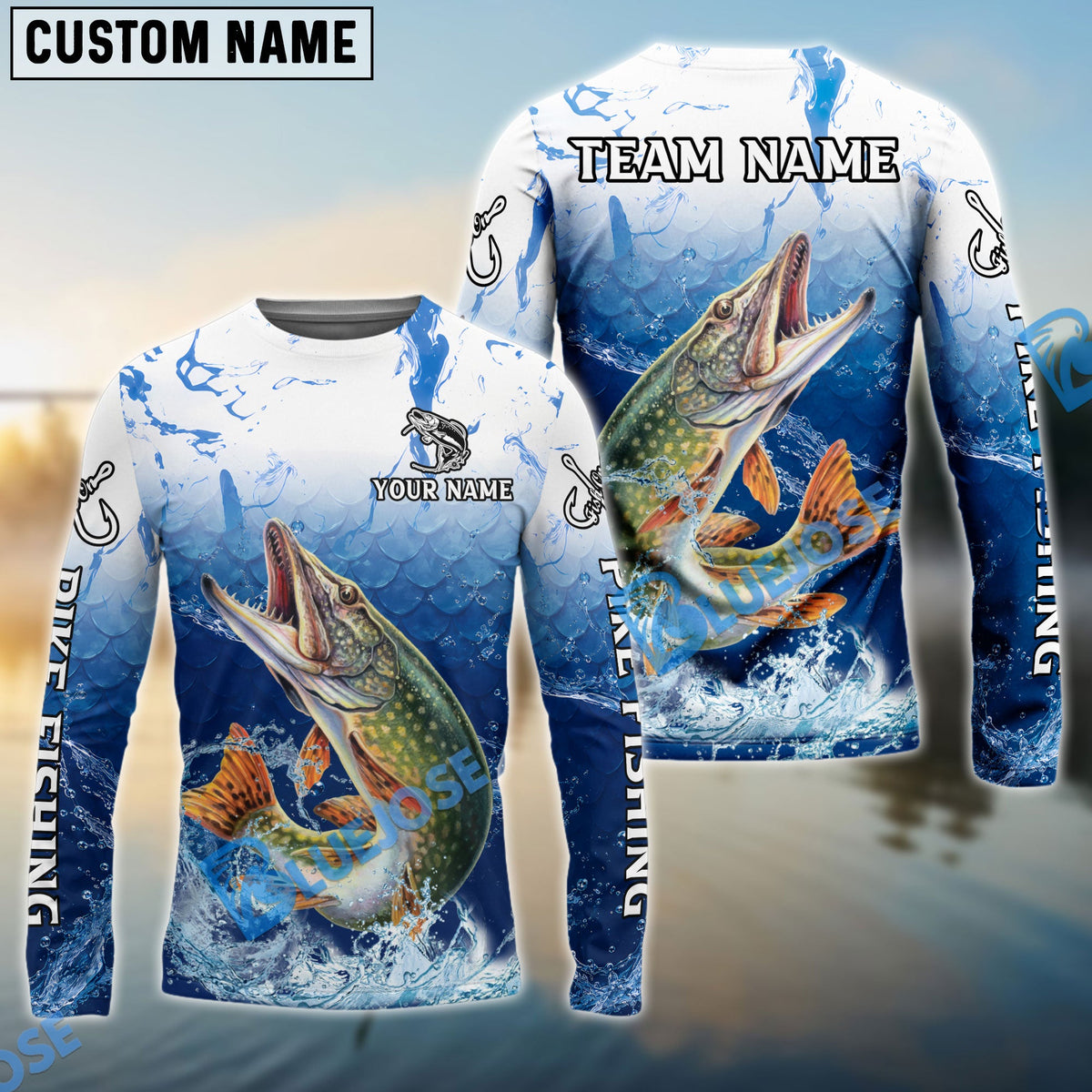 Bluejose Pike Fishing Ocean Scale Gradient Splash Design Custom Name &amp; Team Name 3D Shirts