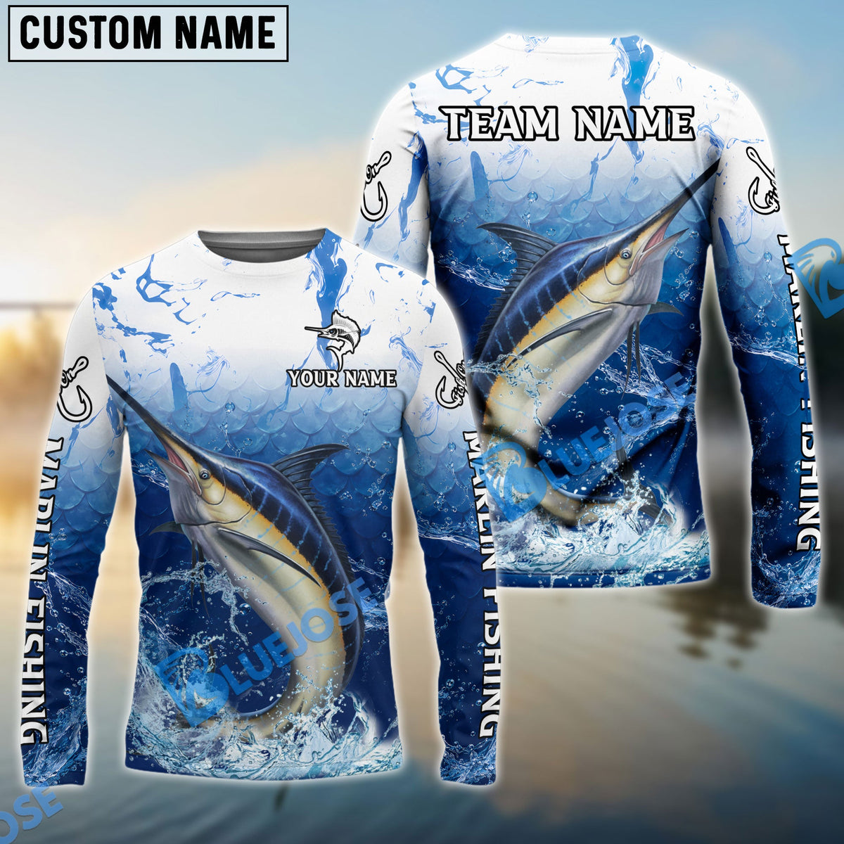 Bluejose Marlin Fishing Ocean Scale Gradient Splash Design Custom Name &amp; Team Name 3D Shirts