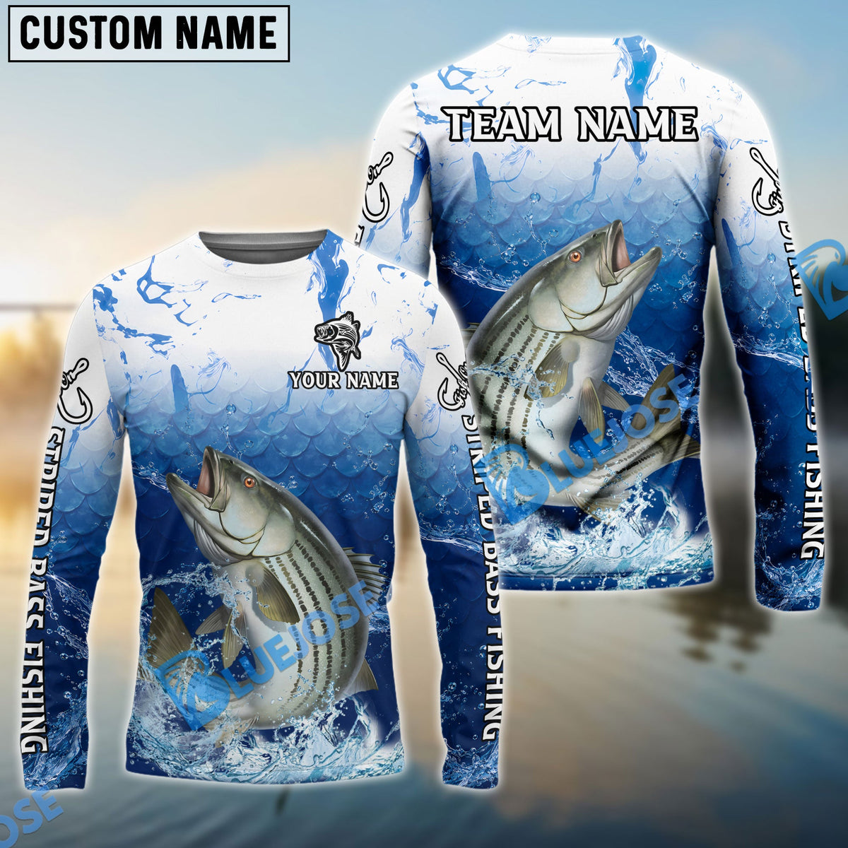 Bluejose Striped Bass Fishing Ocean Scale Gradient Splash Design Custom Name &amp; Team Name 3D Shirts