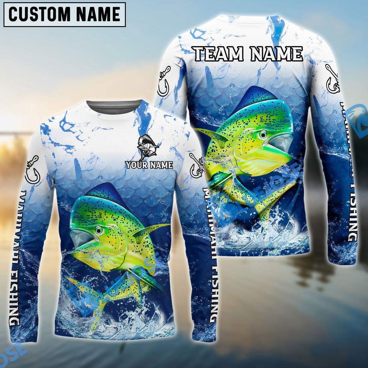 Bluejose Mahi-Mahi Fishing Ocean Scale Gradient Splash Design Custom Name &amp; Team Name 3D Shirts