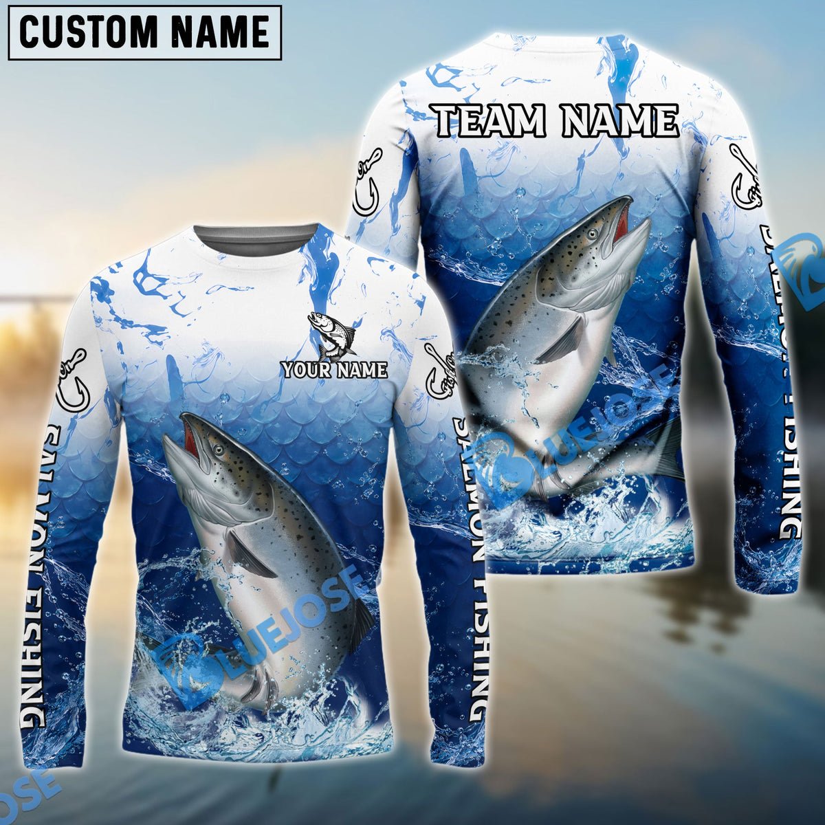 Bluejose Salmon Fishing Ocean Scale Gradient Splash Design Custom Name &amp; Team Name 3D Shirts