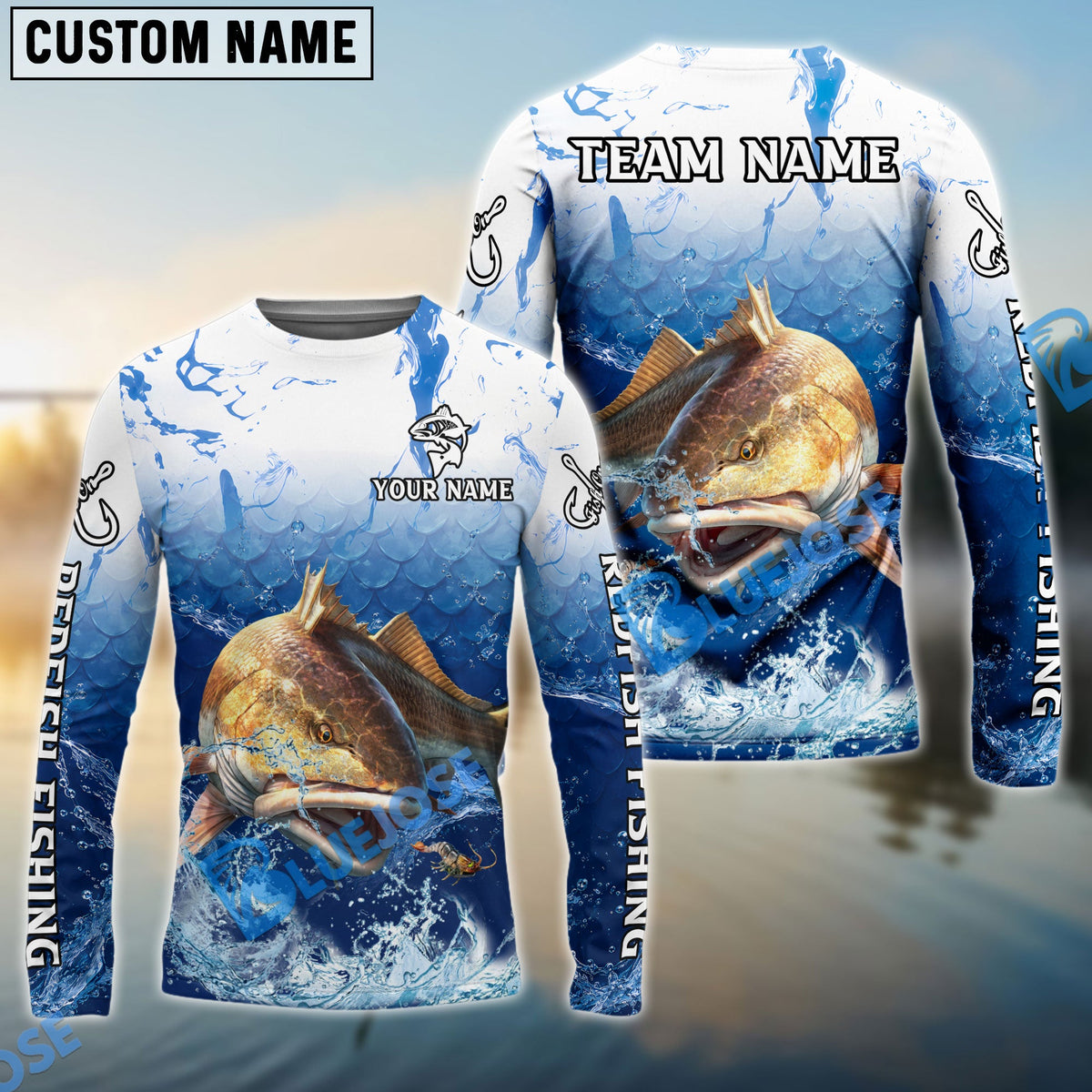 Bluejose Redfish Fishing Ocean Scale Gradient Splash Design Custom Name &amp; Team Name 3D Shirts