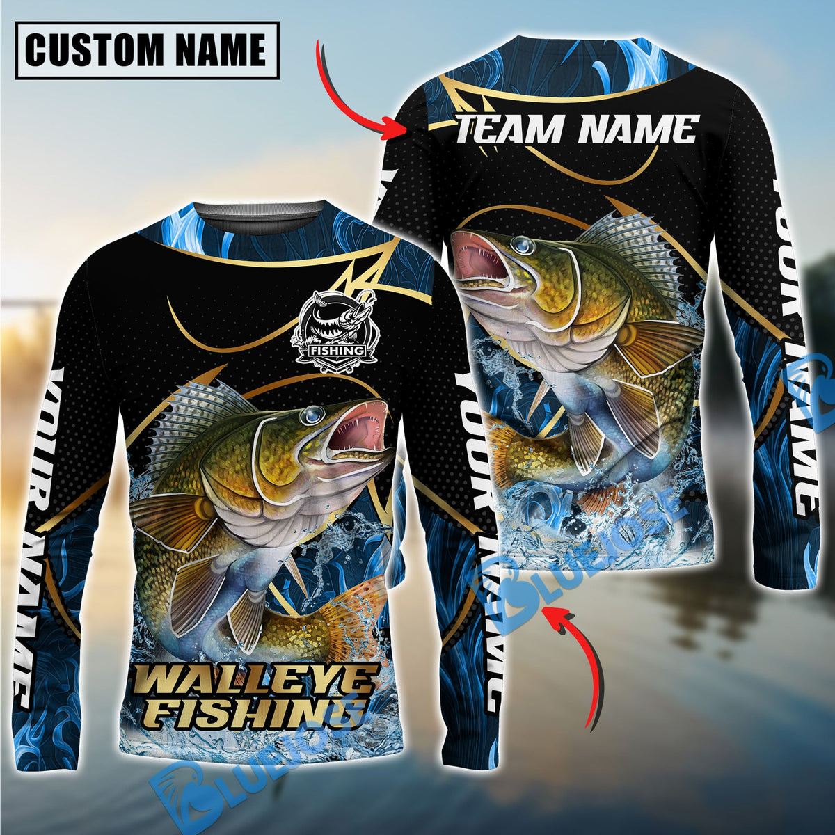 Bluejose Walleye Fishing Water Splash Navy Gold Pattern Custom Name &amp; Team Name 3D Shirts