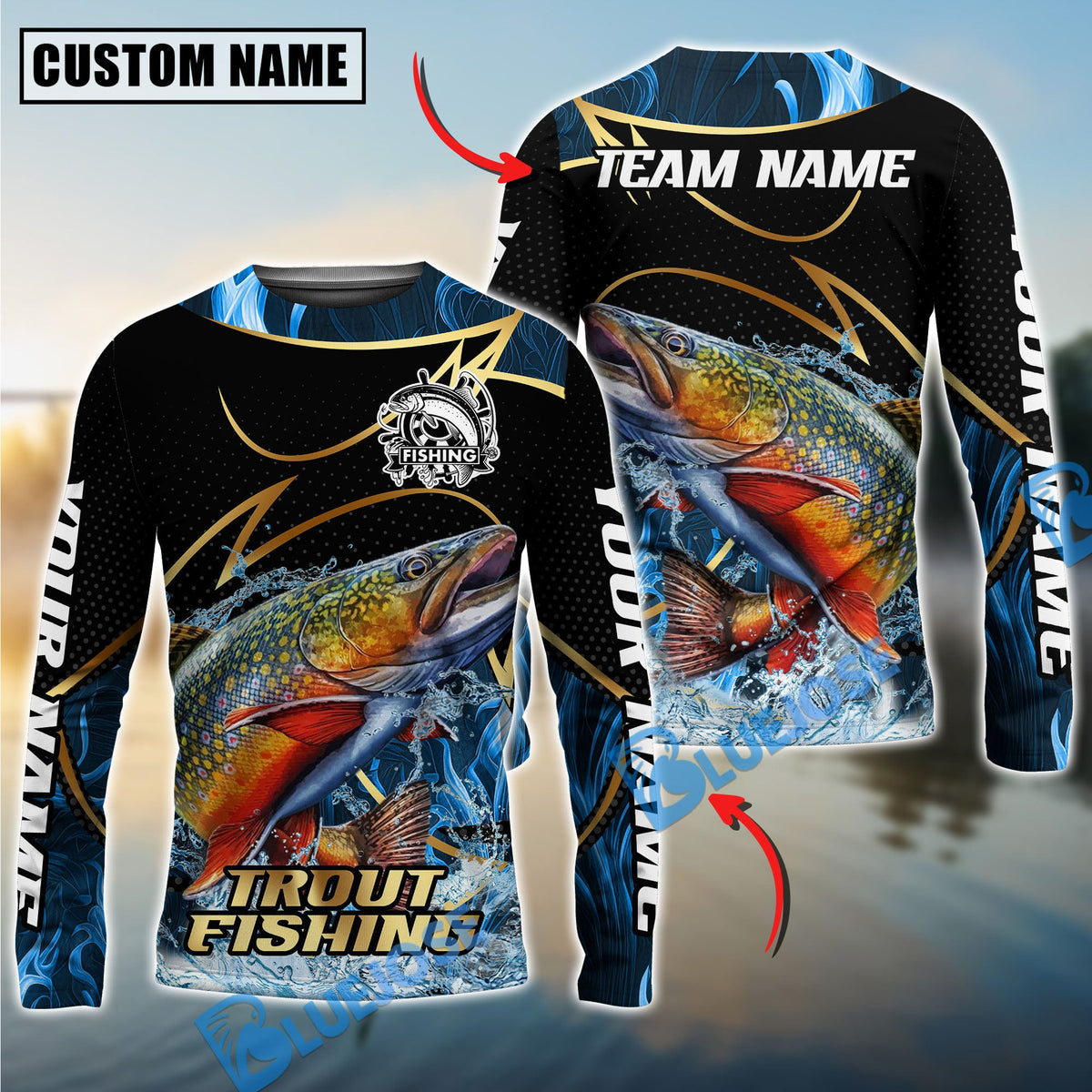 Bluejose Trout Fishing Water Splash Navy Gold Pattern Custom Name &amp; Team Name 3D Shirts