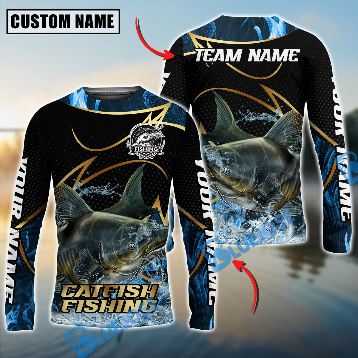 Bluejose Catfish Fishing Water Splash Navy Gold Pattern Custom Name &amp; Team Name 3D Shirts