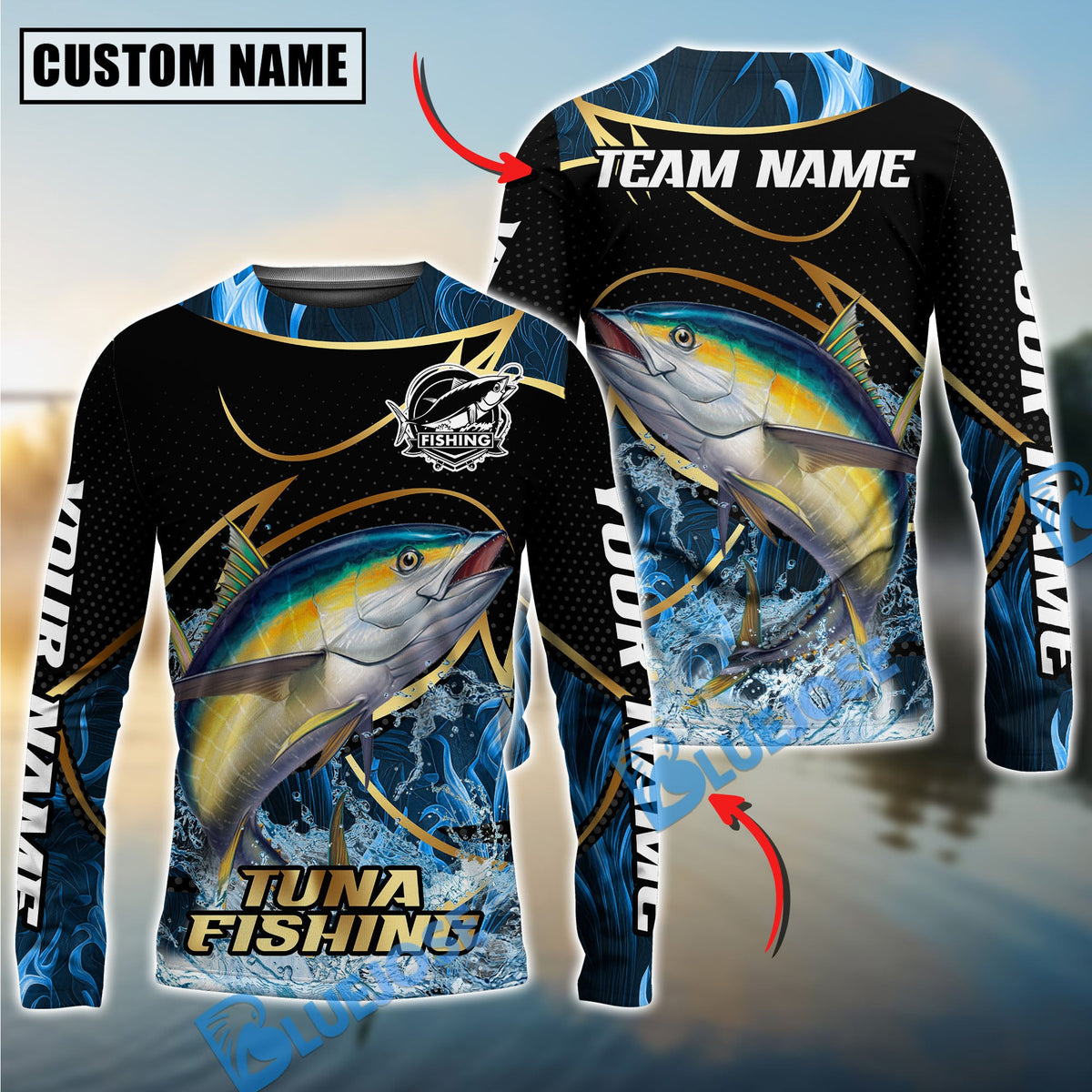 Bluejose Tuna Fishing Water Splash Navy Gold Pattern Custom Name &amp; Team Name 3D Shirts