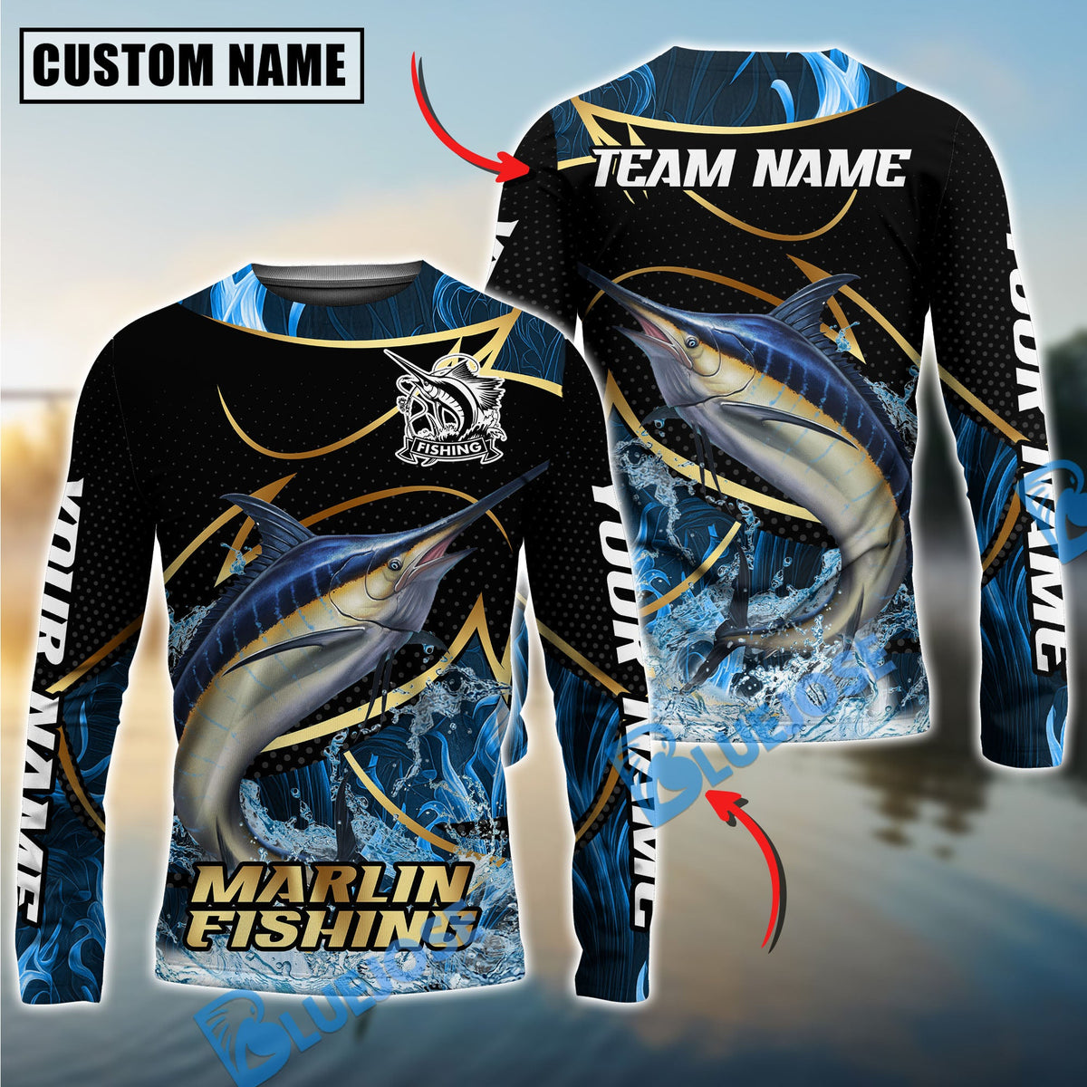 Bluejose Marlin Fishing Water Splash Navy Gold Pattern Custom Name &amp; Team Name 3D Shirts