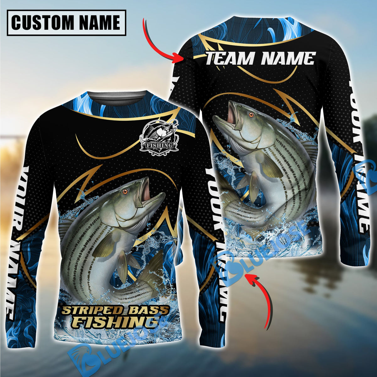 Bluejose Striped Bass Fishing Water Splash Navy Gold Pattern Custom Name &amp; Team Name 3D Shirts