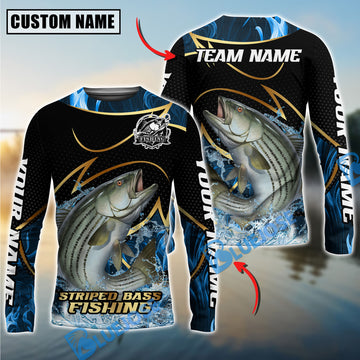 Bluejose Striped Bass Fishing Water Splash Navy Gold Pattern Custom Name & Team Name 3D Shirts