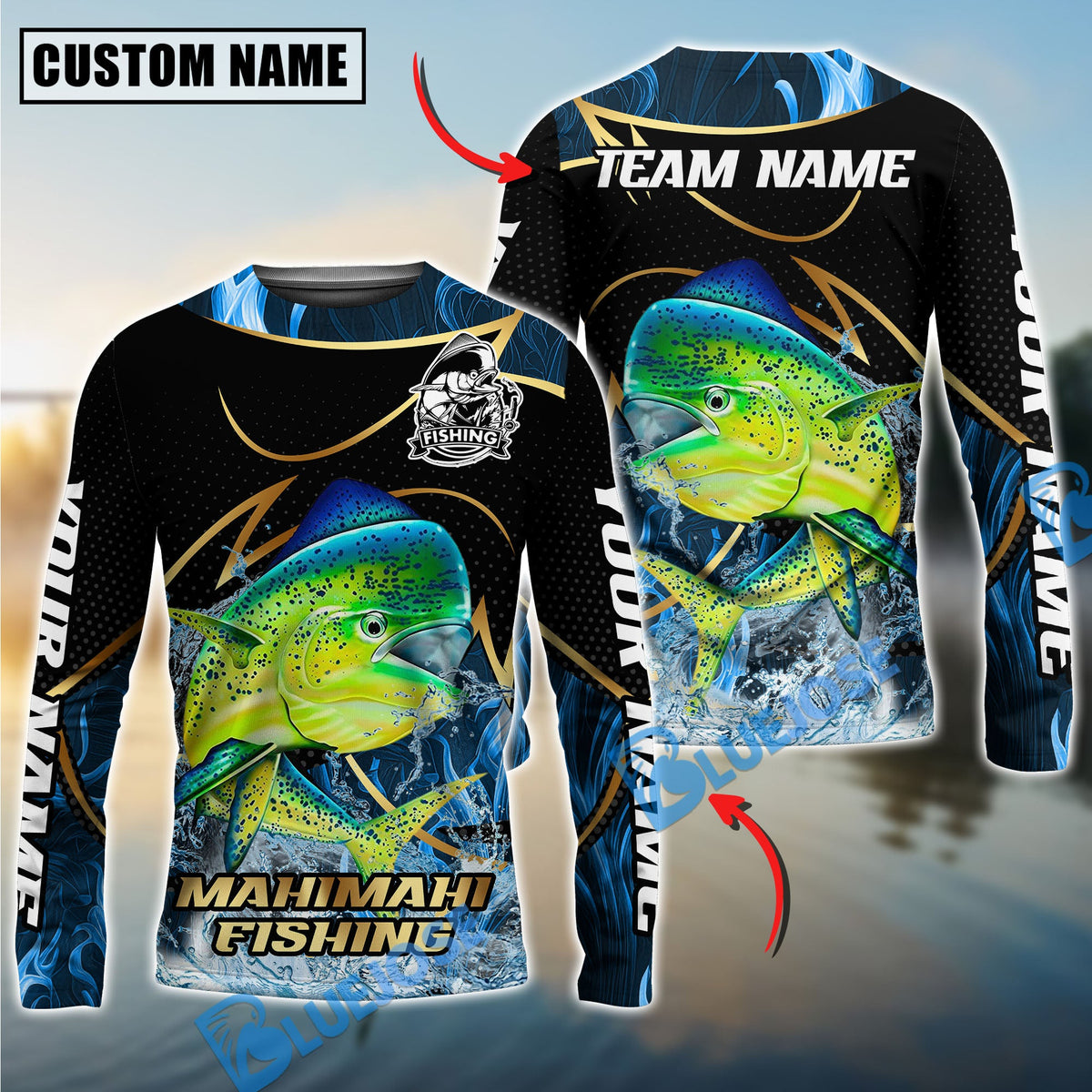 Bluejose Mahi-Mahi Fishing Water Splash Navy Gold Pattern Custom Name &amp; Team Name 3D Shirts