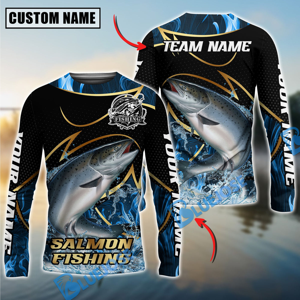Bluejose Salmon Fishing Water Splash Navy Gold Pattern Custom Name &amp; Team Name 3D Shirts