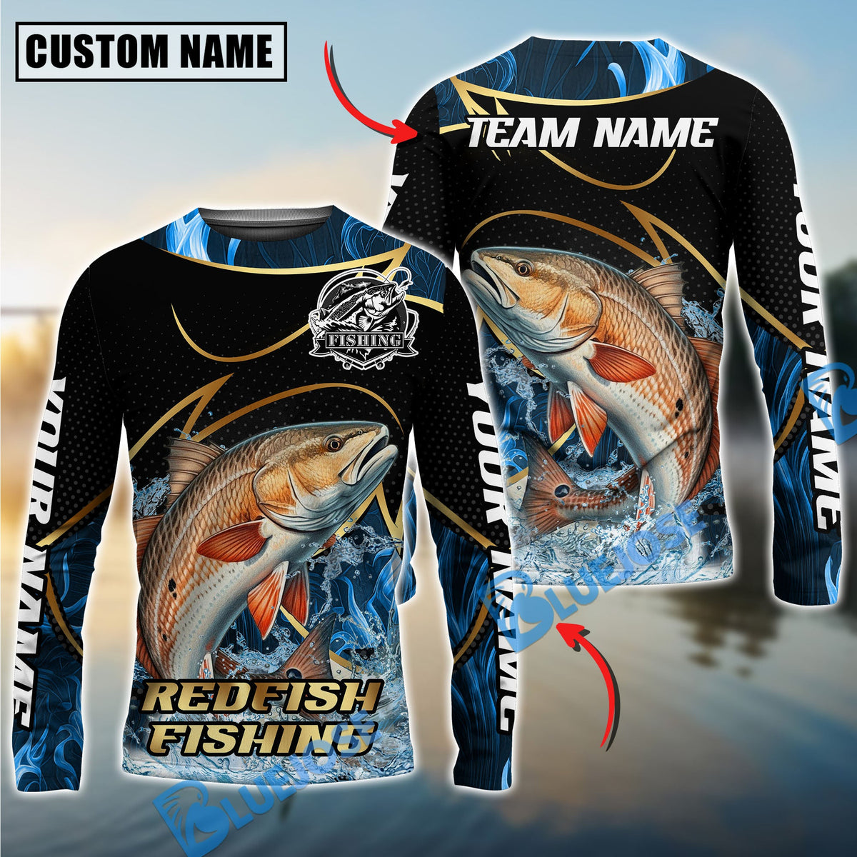 Bluejose Redfish Fishing Water Splash Navy Gold Pattern Custom Name &amp; Team Name 3D Shirts