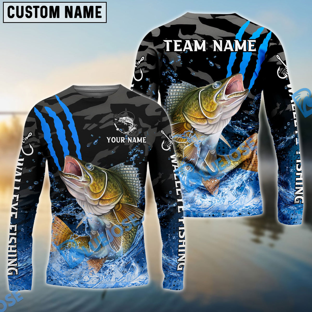 Bluejose Walleye Fishing Blue Scratch Camo Water Splash Custom Name &amp; Team Name 3D Shirts