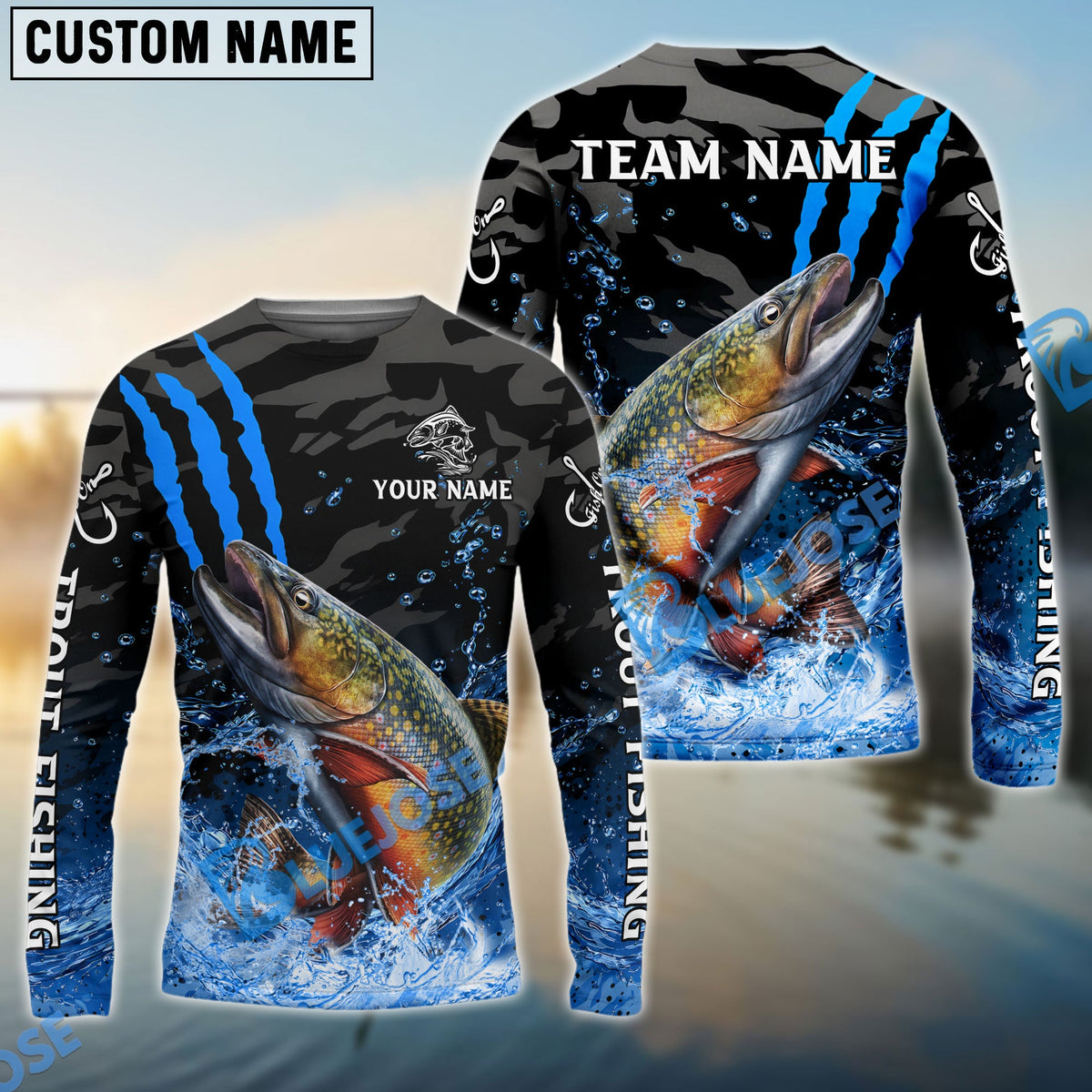 Bluejose Trout Fishing Blue Scratch Camo Water Splash Custom Name &amp; Team Name 3D Shirts