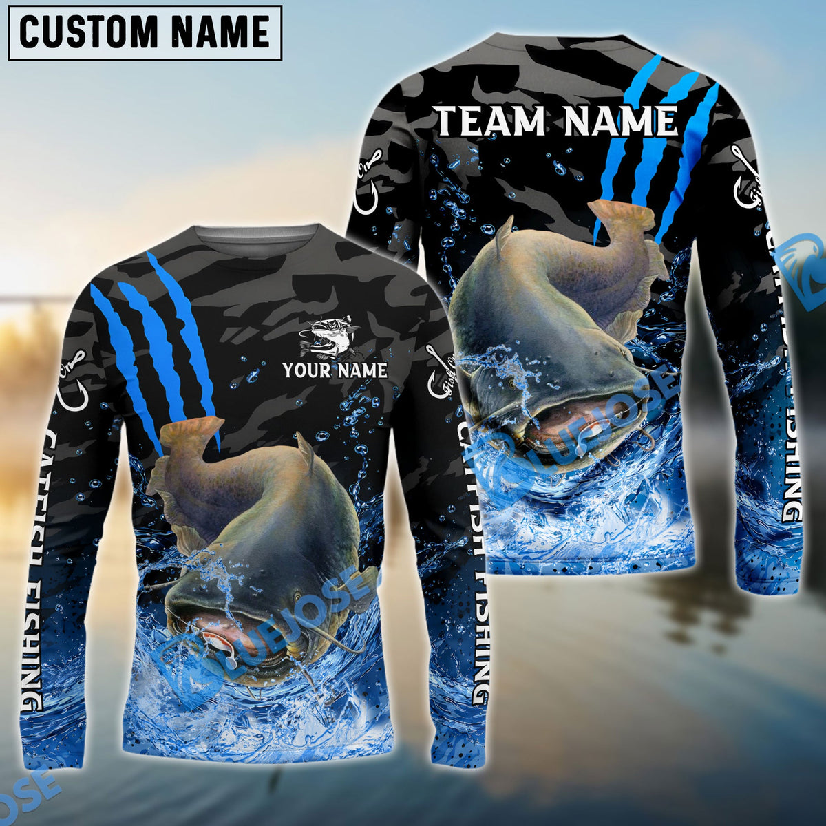 Bluejose Catfish Fishing Blue Scratch Camo Water Splash Custom Name &amp; Team Name 3D Shirts