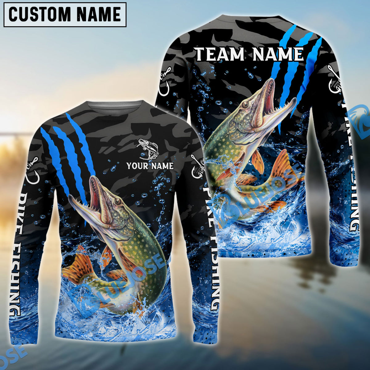 Bluejose Pike Fishing Blue Scratch Camo Water Splash Custom Name &amp; Team Name 3D Shirts