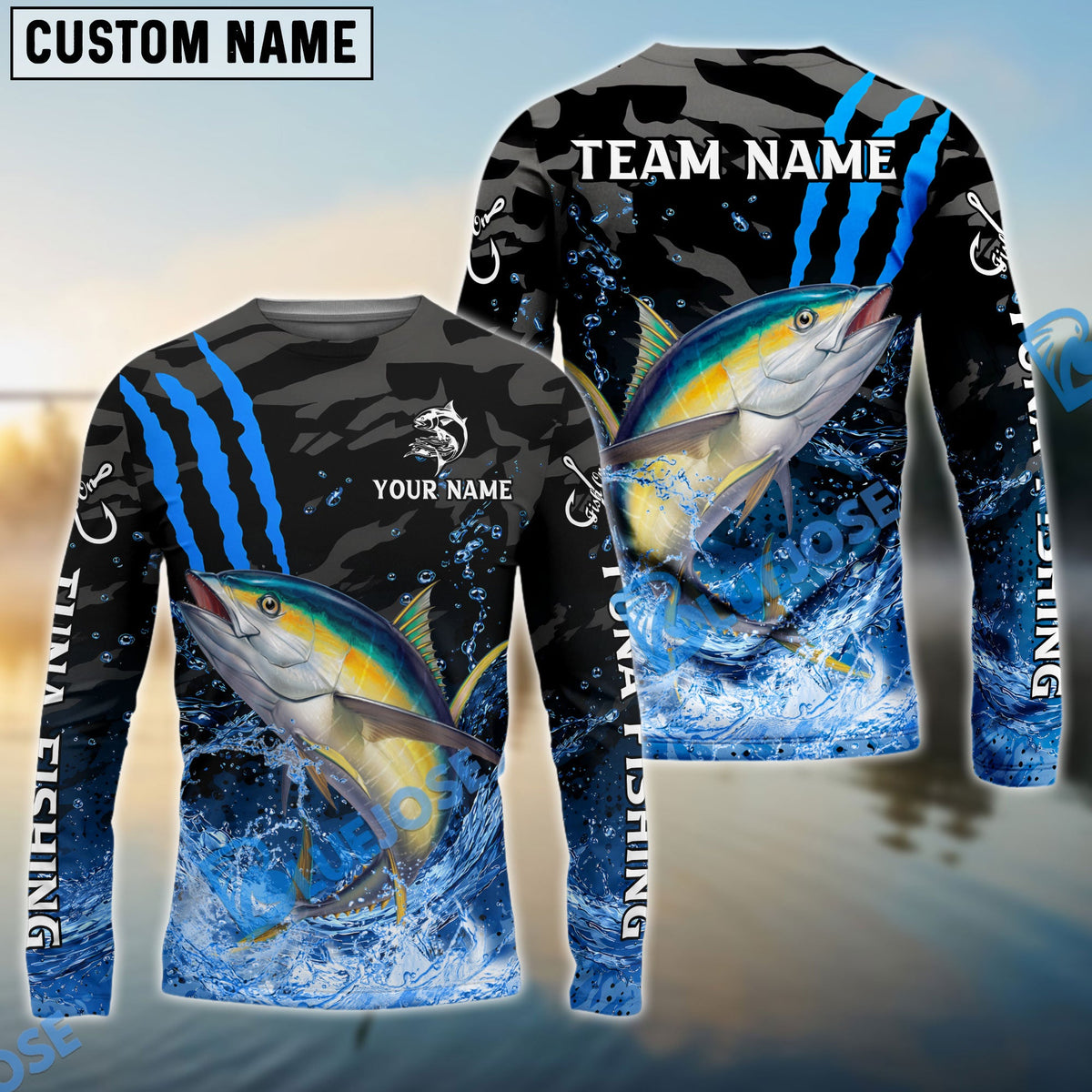 Bluejose Tuna Fishing Blue Scratch Camo Water Splash Custom Name &amp; Team Name 3D Shirts