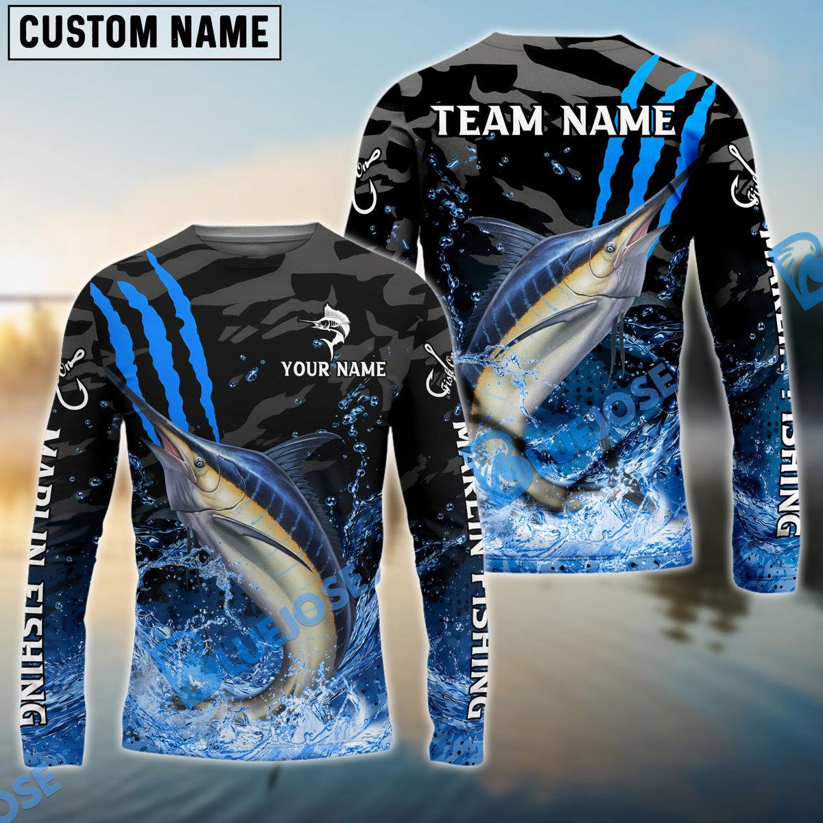 Bluejose Marlin Fishing Blue Scratch Camo Water Splash Custom Name &amp; Team Name 3D Shirts