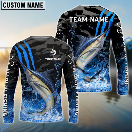 Bluejose Marlin Fishing Blue Scratch Camo Water Splash Custom Name & Team Name 3D Shirts