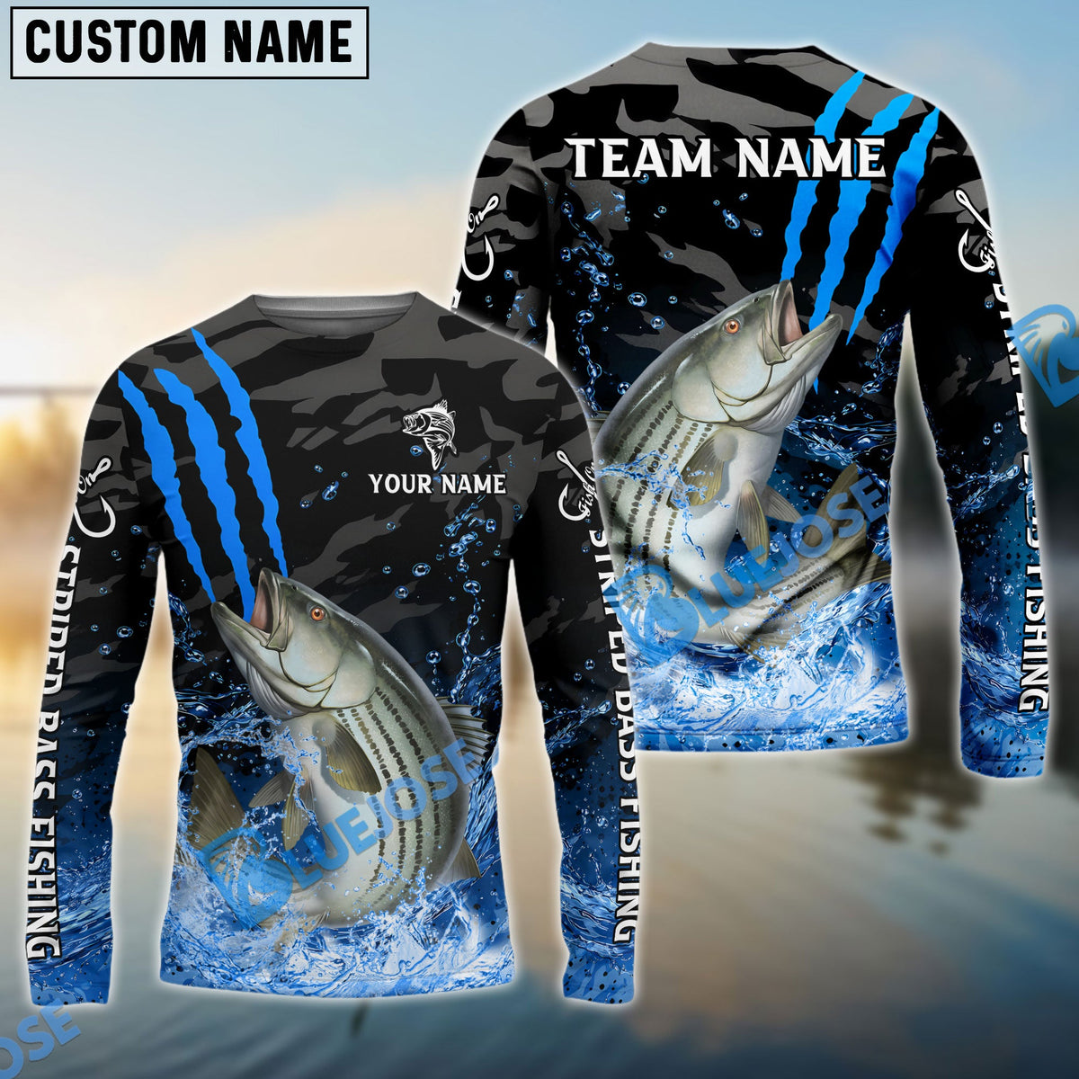 Bluejose Striped Bass Fishing Blue Scratch Camo Water Splash Custom Name &amp; Team Name 3D Shirts