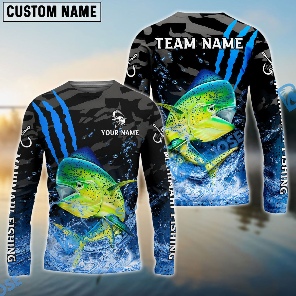 Bluejose Mahi-Mahi Fishing Blue Scratch Camo Water Splash Custom Name &amp; Team Name 3D Shirts