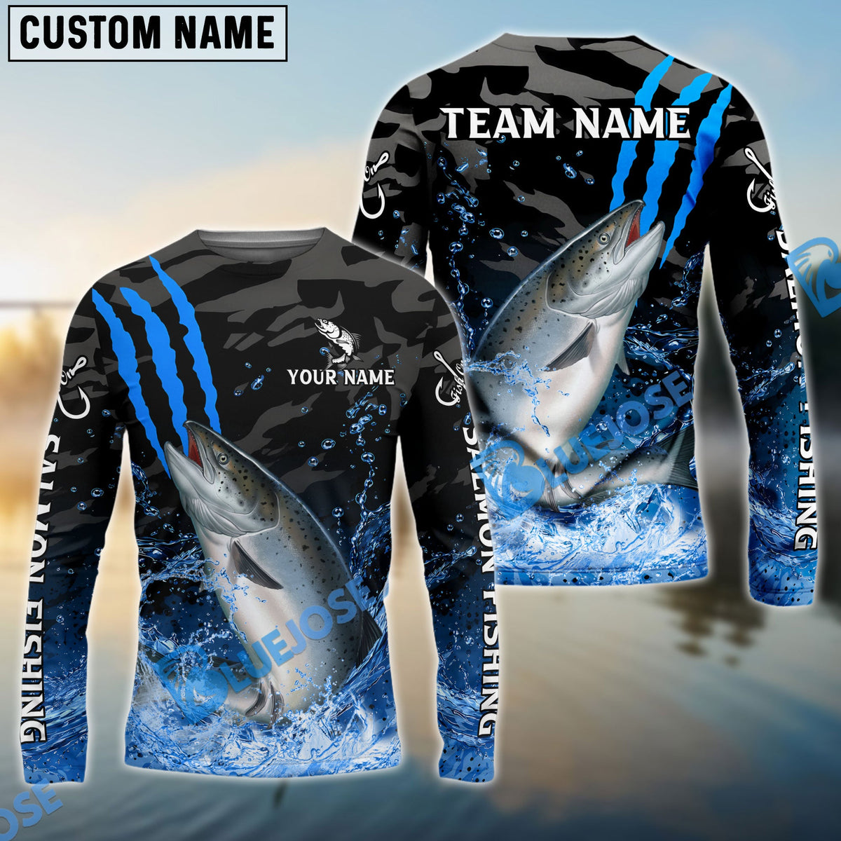 Bluejose Salmon Fishing Blue Scratch Camo Water Splash Custom Name &amp; Team Name 3D Shirts