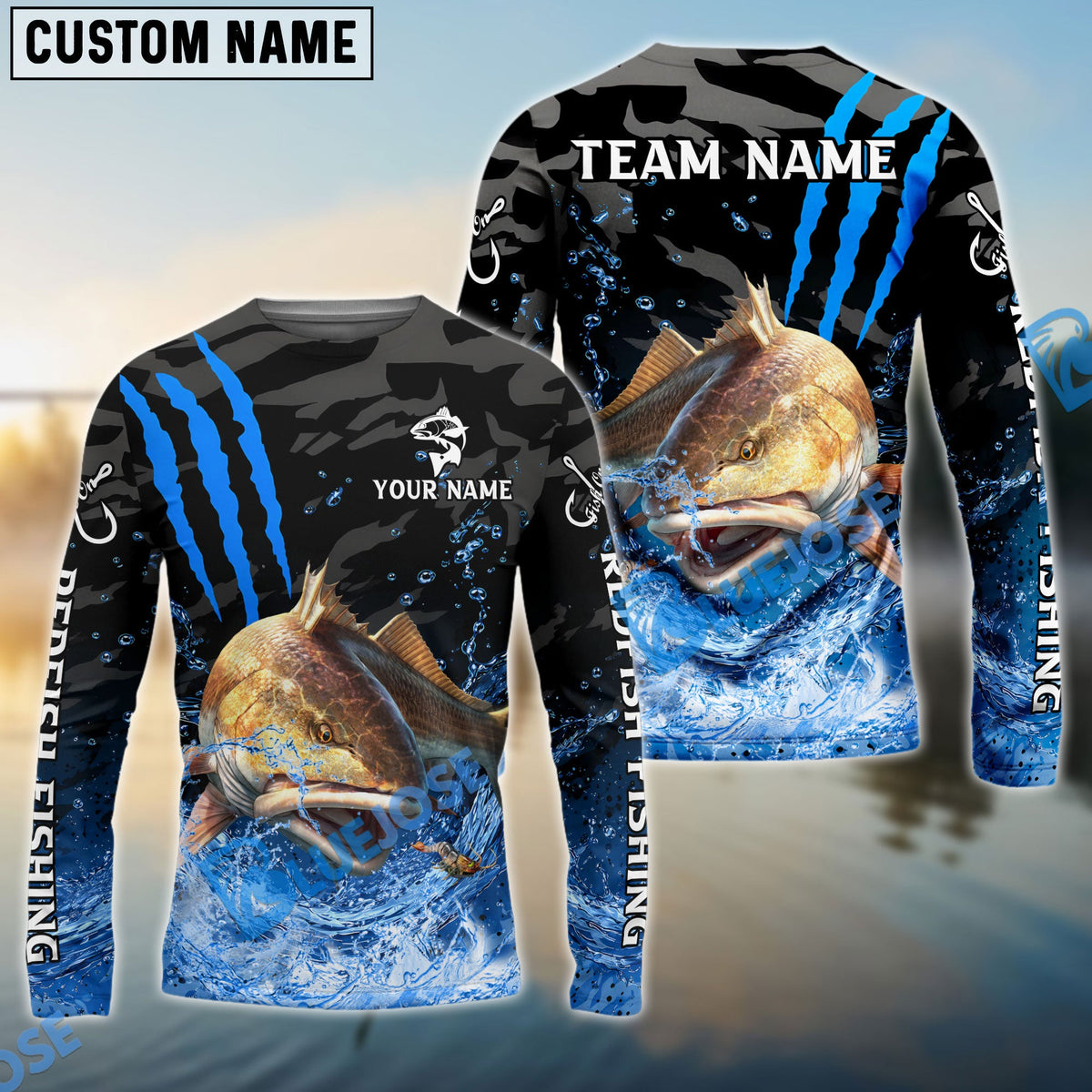 Bluejose Redfish Fishing Blue Scratch Camo Water Splash Custom Name &amp; Team Name 3D Shirts