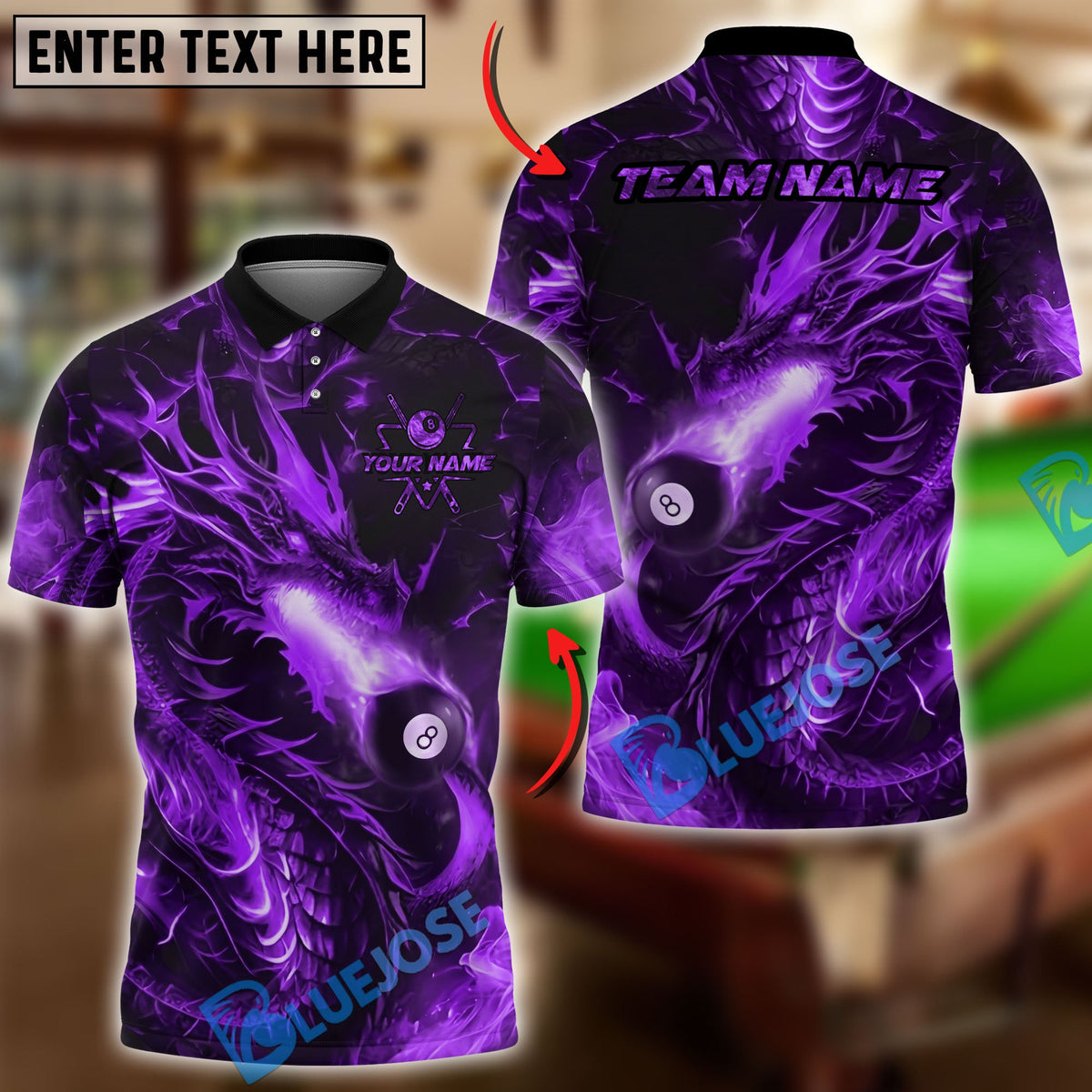 BlueJose Billiards Ball 8 Fire Dragon Breath Personalized Name Shirt (4 Colors)