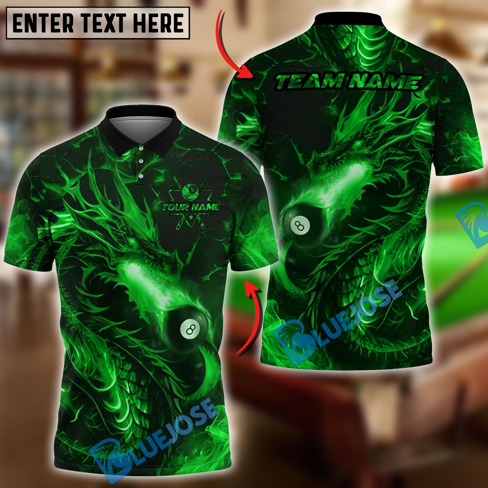 BlueJose Billiards Ball 8 Fire Dragon Breath Personalized Name Shirt (4 Colors)