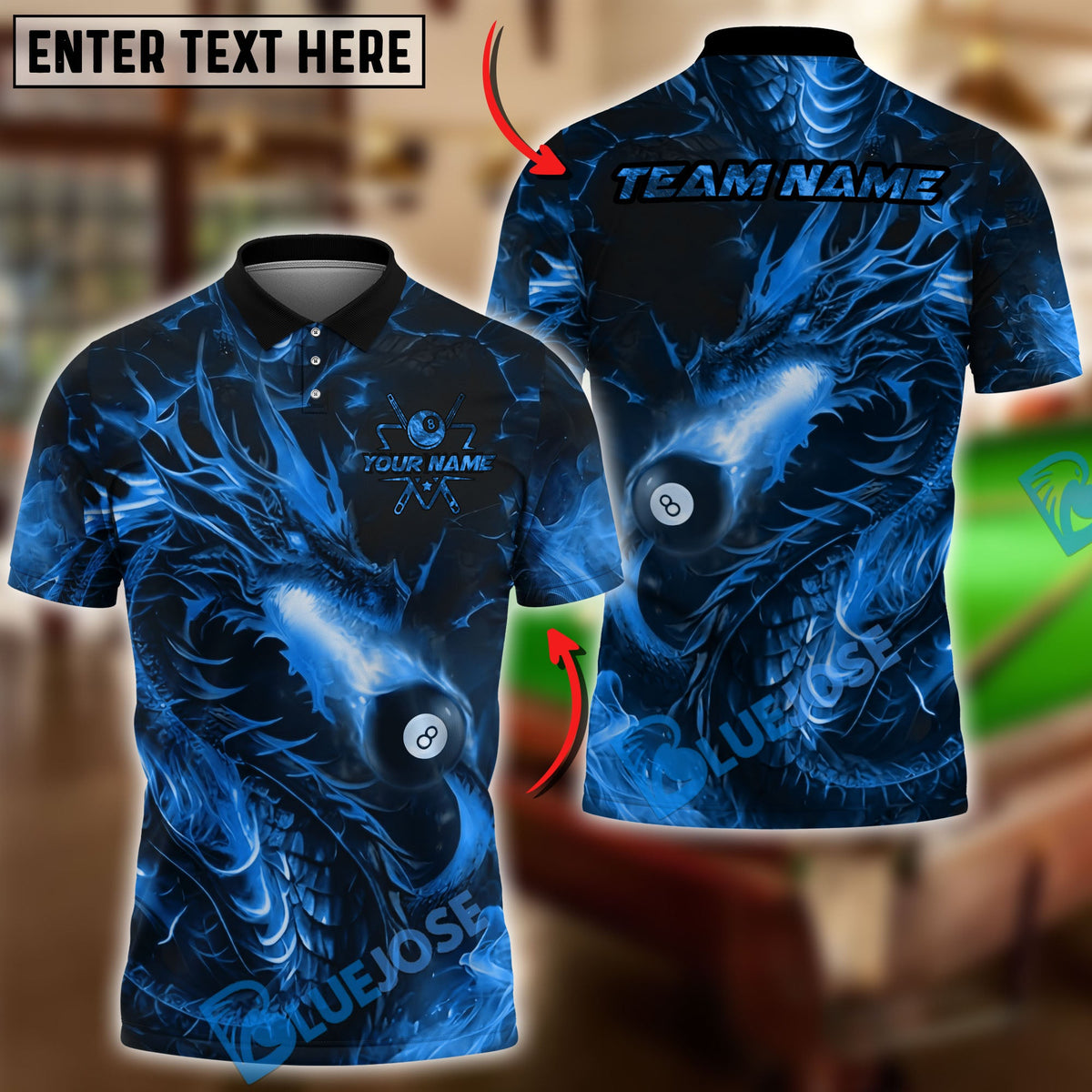 BlueJose Billiards Ball 8 Fire Dragon Breath Personalized Name Shirt (4 Colors)