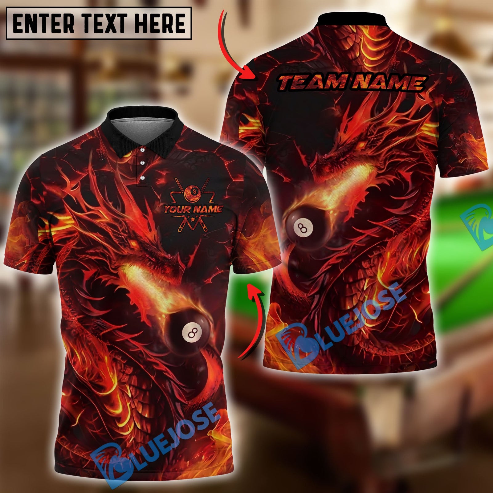BlueJose Billiards Ball 8 Fire Dragon Breath Personalized Name Shirt (4 Colors)