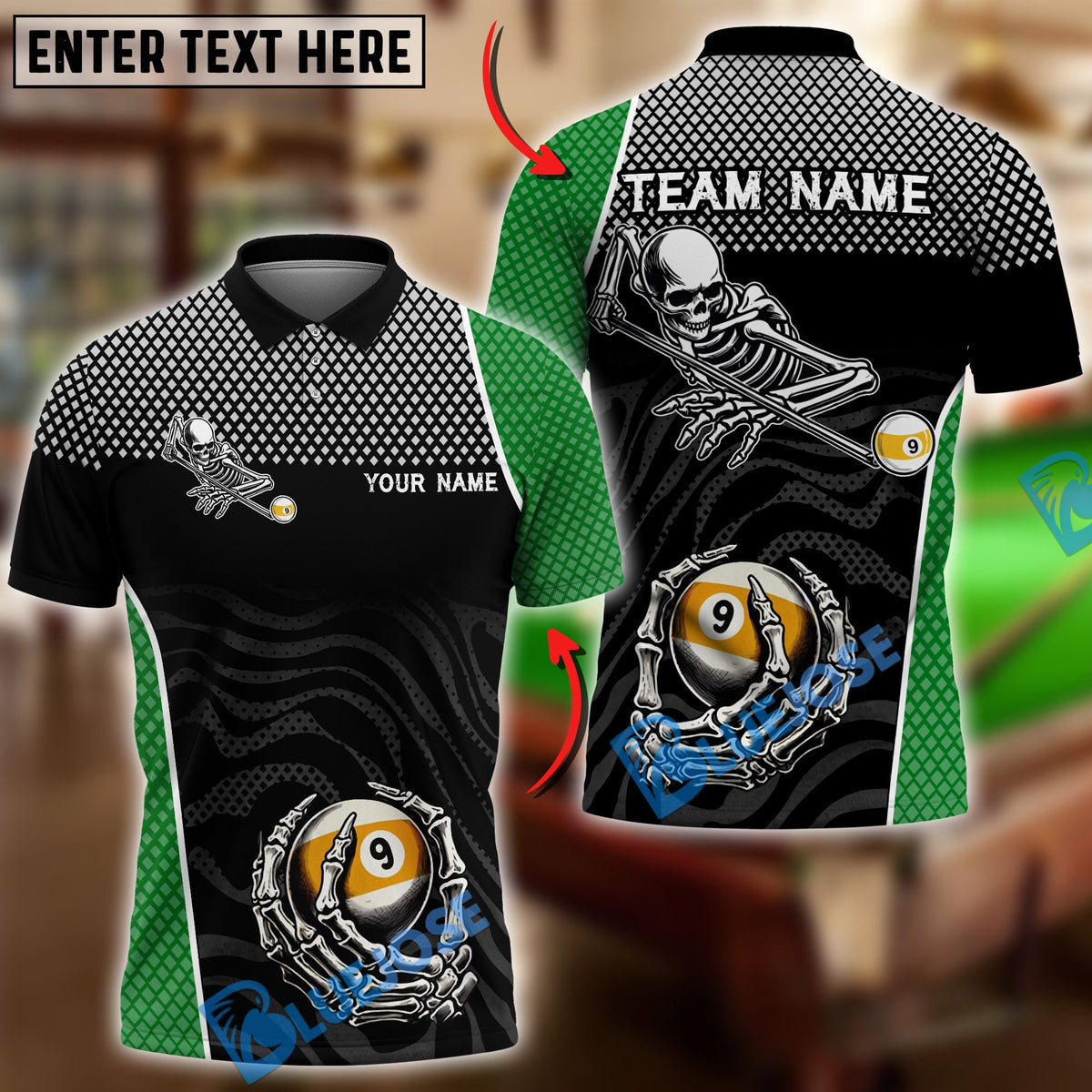 BlueJose Billiards Ball 9 Skeleton Skull Death Stroke Personalized Name Shirt (6 Colors)