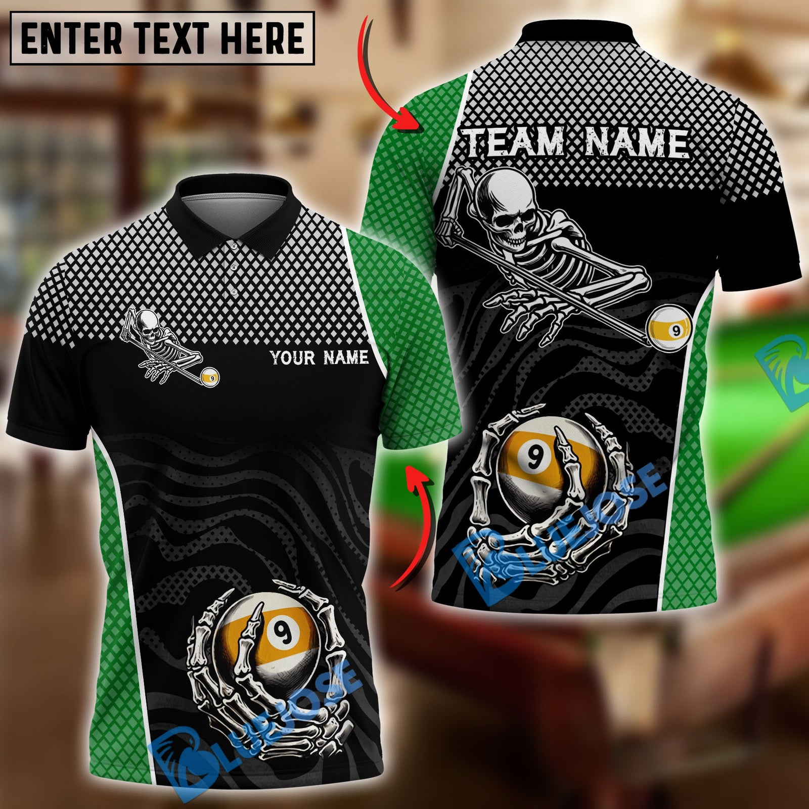 BlueJose Billiards Ball 9 Skeleton Skull Death Stroke Personalized Name Shirt (6 Colors)