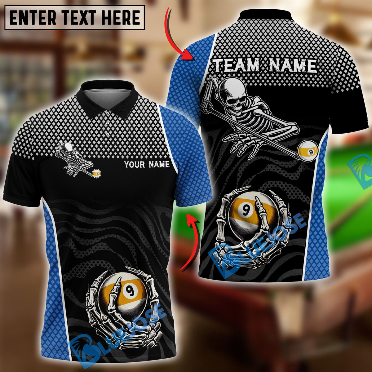 BlueJose Billiards Ball 9 Skeleton Skull Death Stroke Personalized Name Shirt (6 Colors)