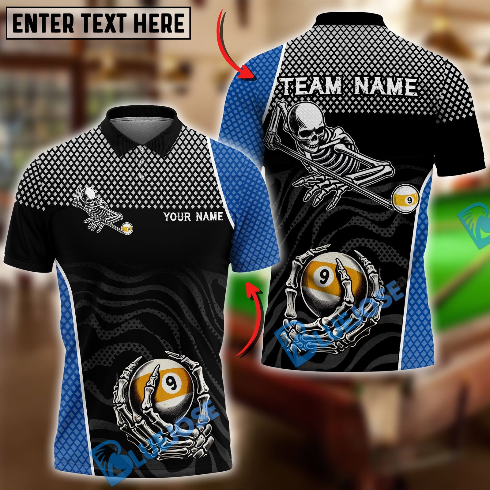 BlueJose Billiards Ball 9 Skeleton Skull Death Stroke Personalized Name Shirt (6 Colors)