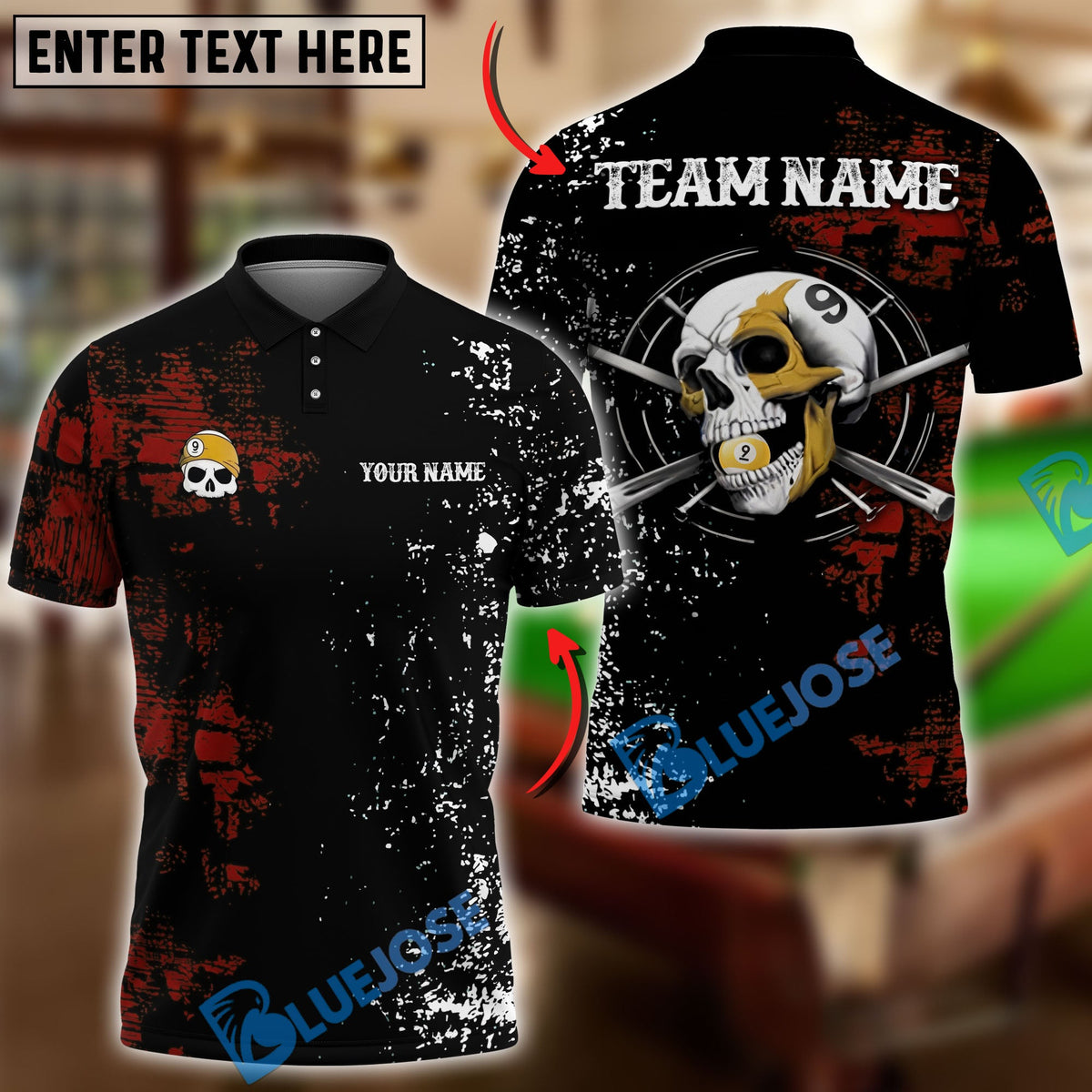 BlueJose Billiards Ball 9 Grunge Skull Chew Personalized Name Shirt (6 Colors)