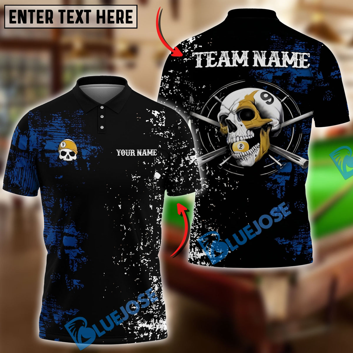 BlueJose Billiards Ball 9 Grunge Skull Chew Personalized Name Shirt (6 Colors)