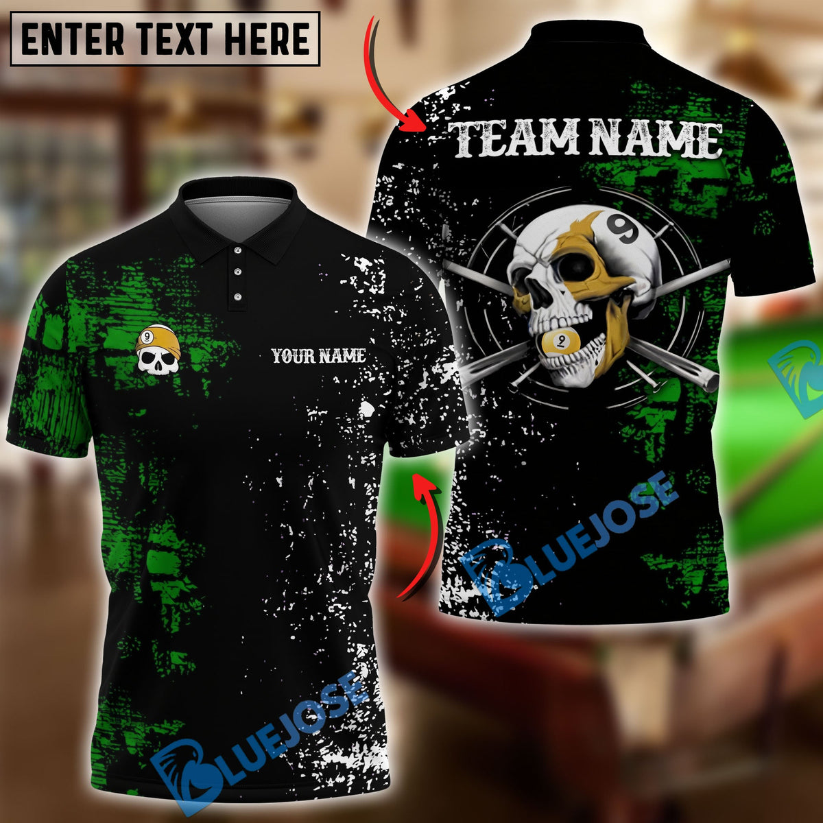 BlueJose Billiards Ball 9 Grunge Skull Chew Personalized Name Shirt (6 Colors)