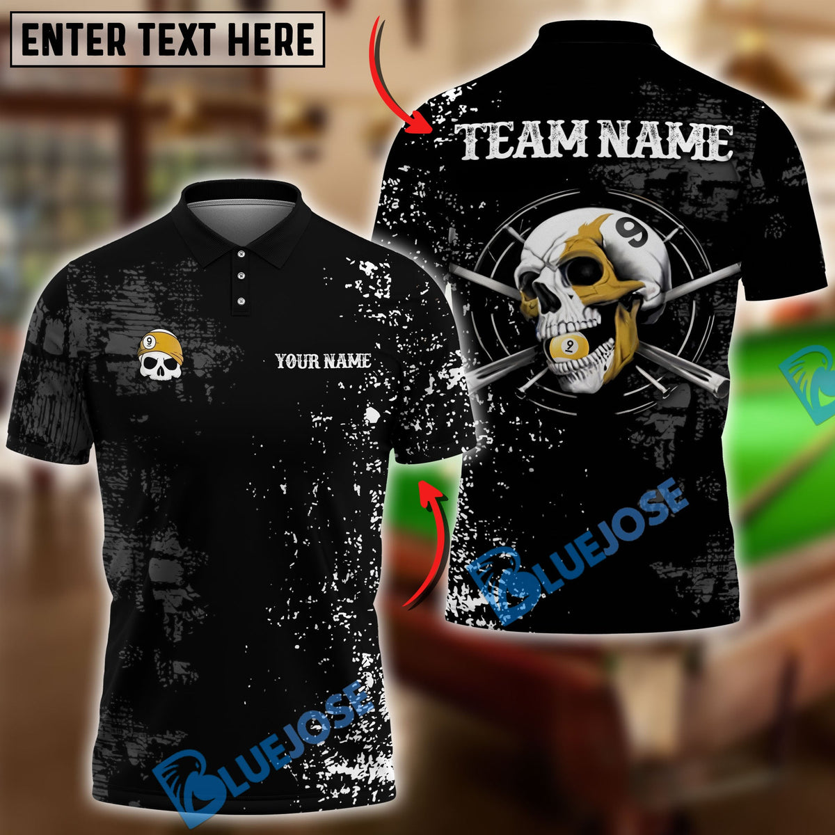 BlueJose Billiards Ball 9 Grunge Skull Chew Personalized Name Shirt (6 Colors)